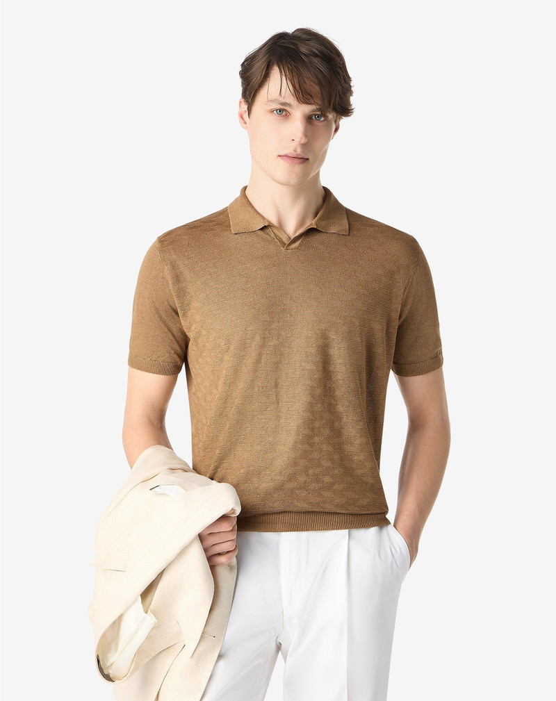 CORNELIANI Dark beige buttonless linen polo shirt outlook