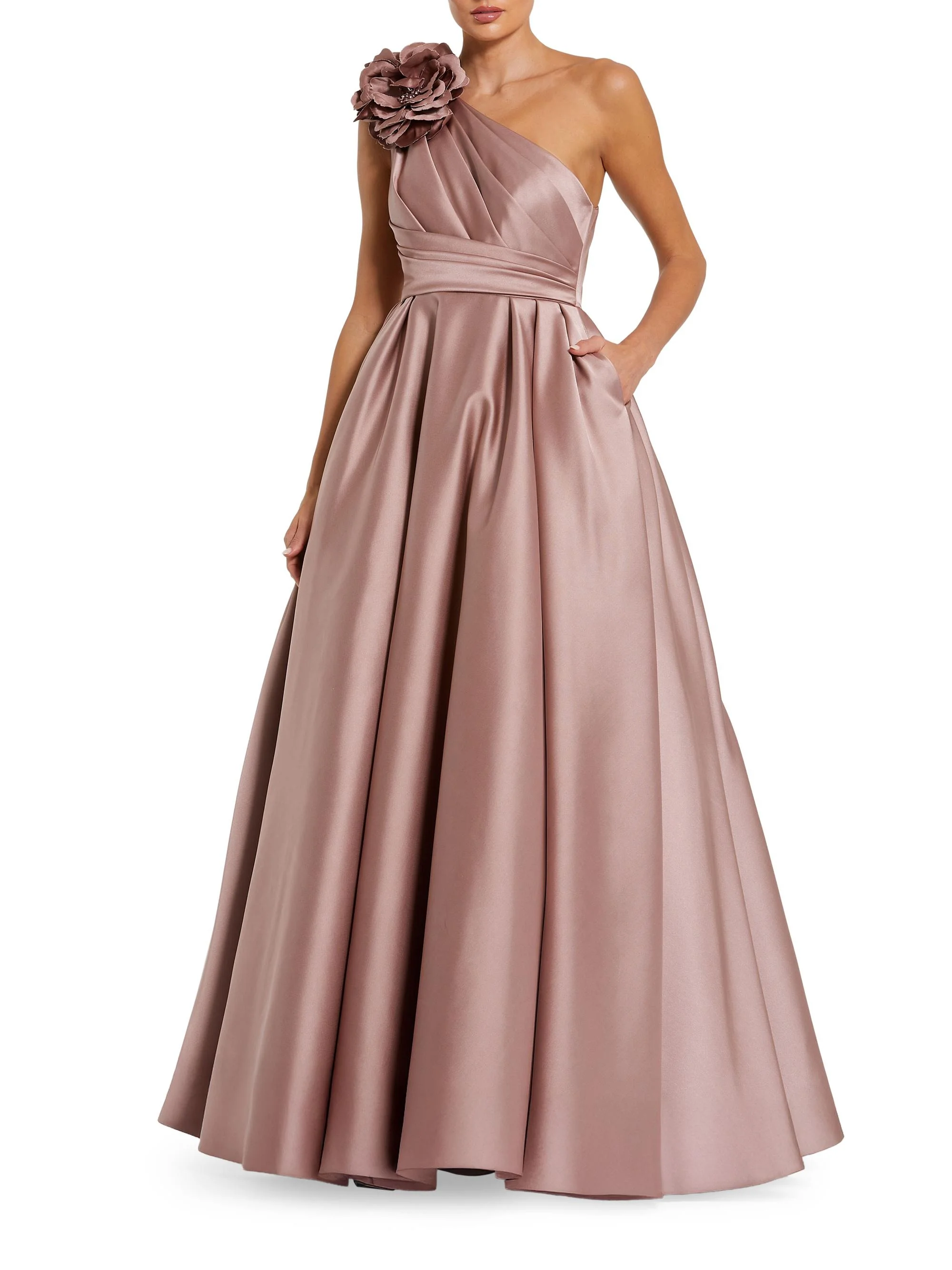 Women's One-Shoulder Satin Ballgown - Rose - 1
