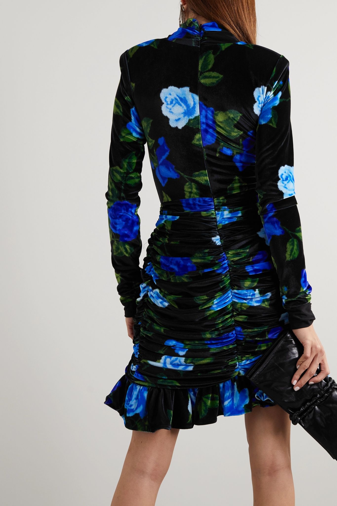 Draped ruffled floral-print velvet mini dress - 3