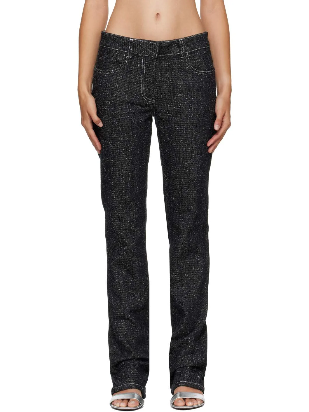 Black Denim Tweed Straight Trousers - 1