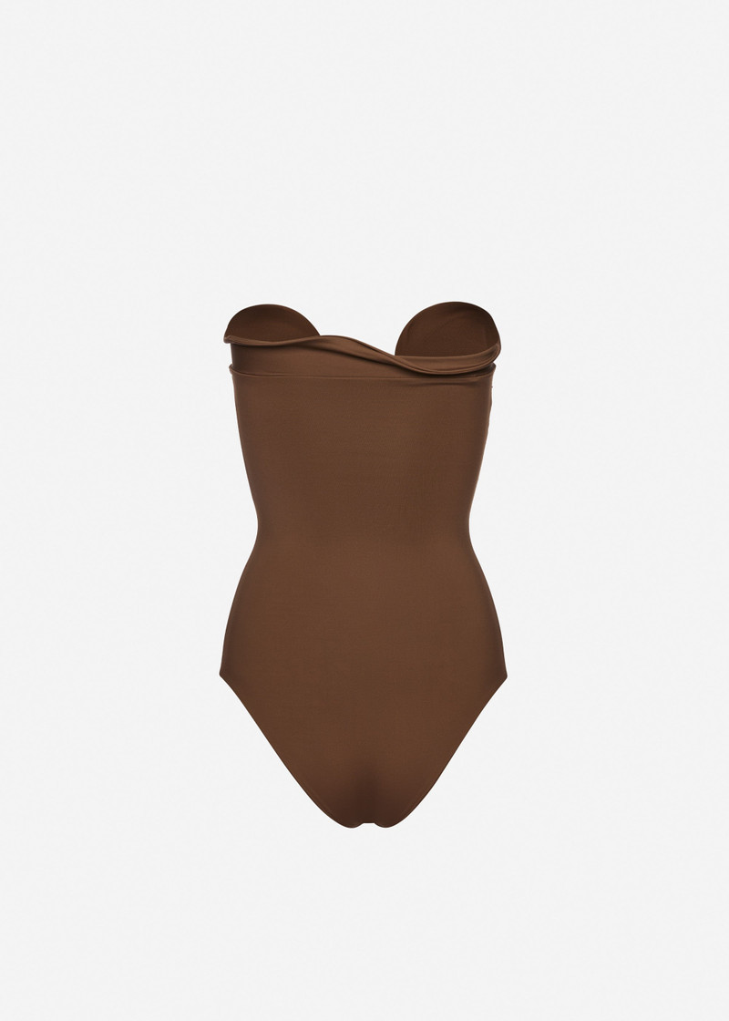 Sculptural rose bustier swimsuit in brown 2