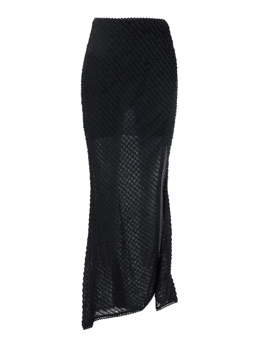 Charo Ruiz 'Erin' Black Long Skirt With Side Single Slit And All-Over Embroidery In Tech Fabric Woma - 1