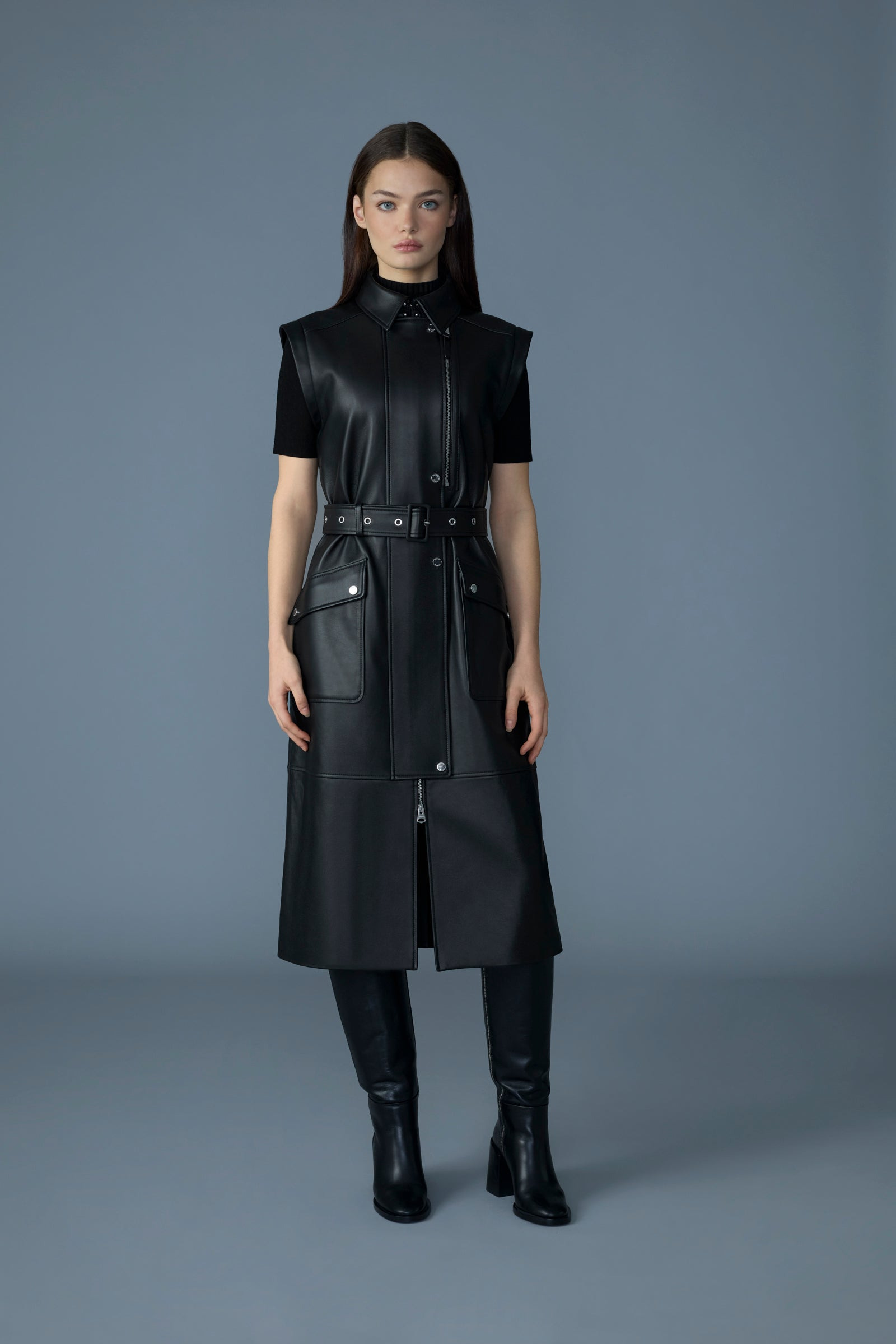 EVELINA 2-in-1 long Lamb Leather Coat with Removable Sleeves - 5