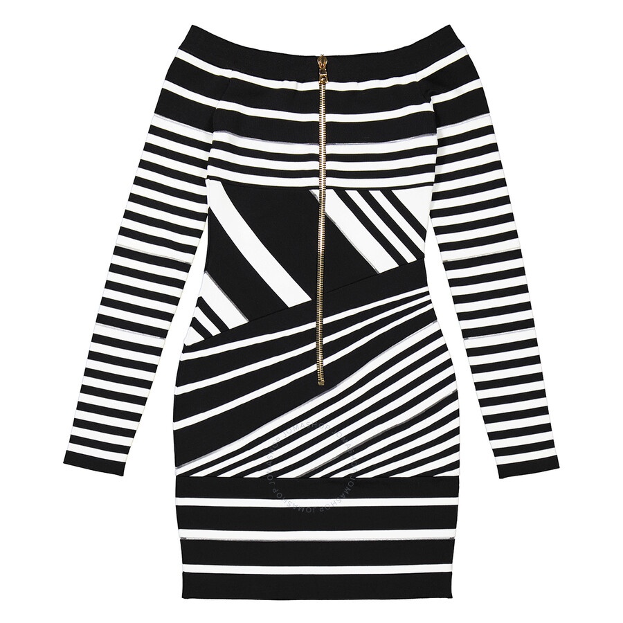 Balmain Ladies Black/White Off-Shoulder Jacquard-Stripe Mini Dress - 7