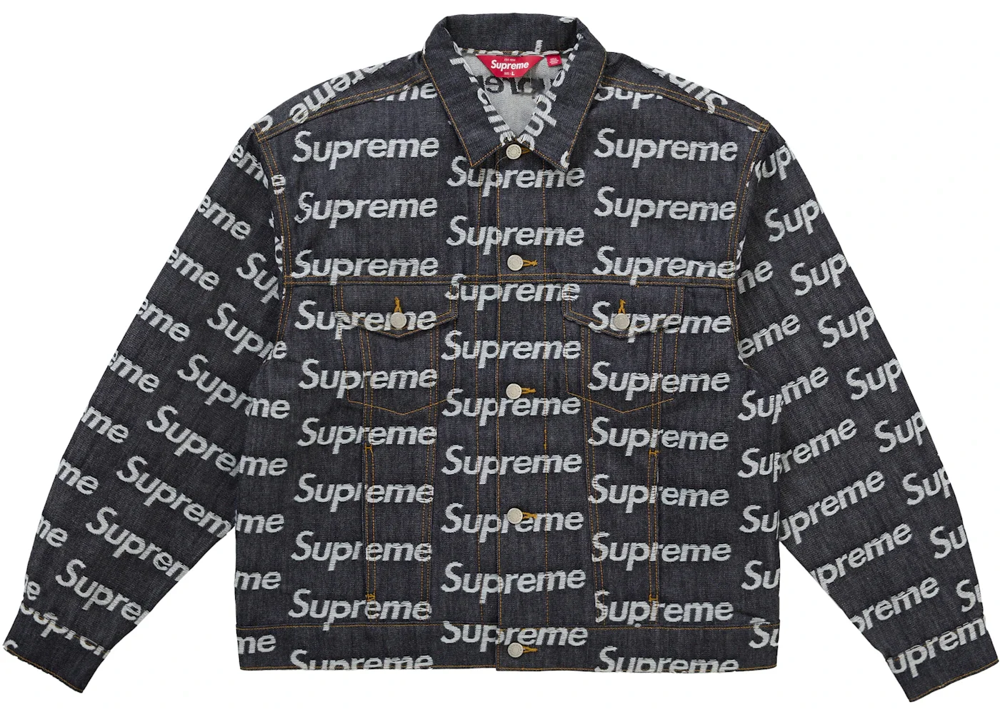 Supreme Jacquard Logos Denim Trucker Jacket Rigid Indigo - 1