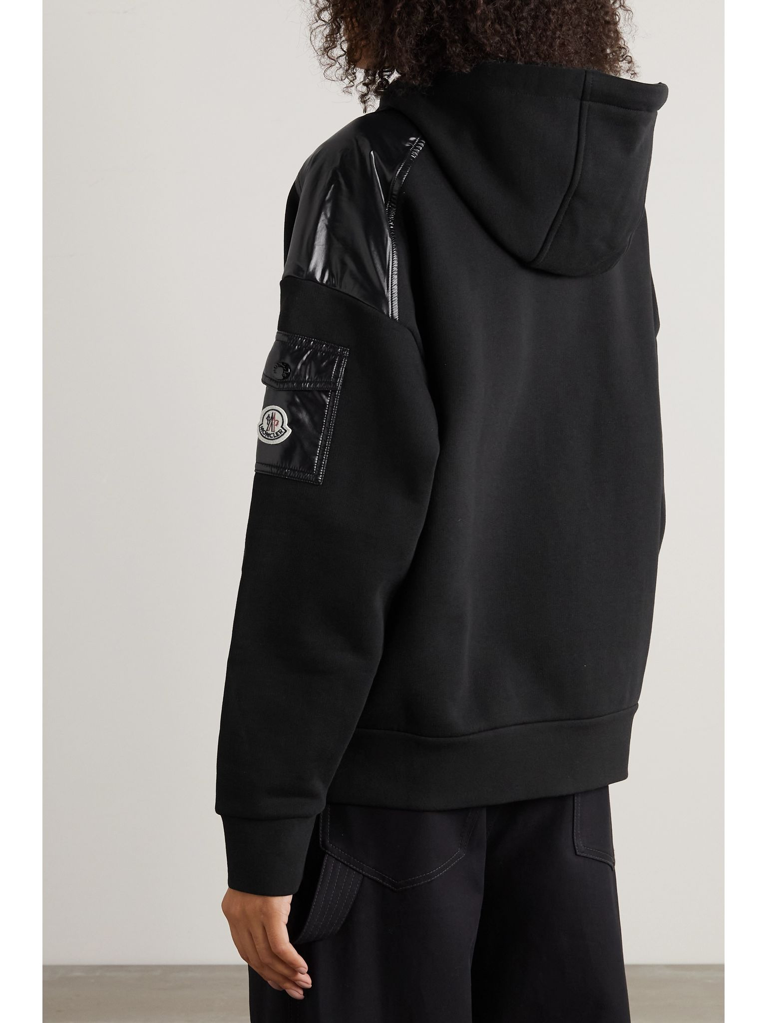 Glossed-shell trimmed cotton-jersey hoodie Black - 4