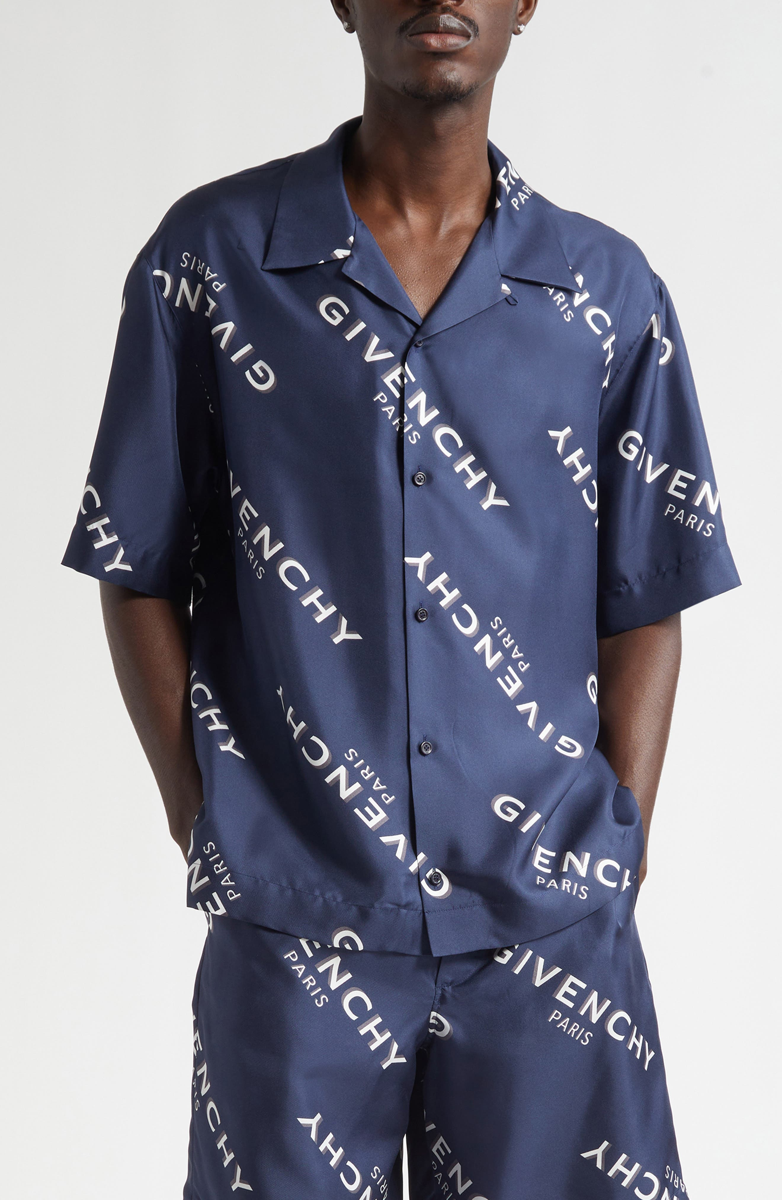 Givenchy Logo Print Silk Bowling Shirt in Navy at Nordstrom - 1