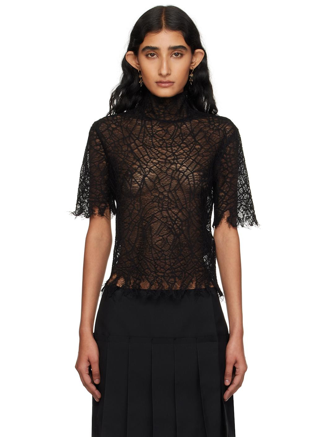 Black Knitted Cobweb Lace Top - 1