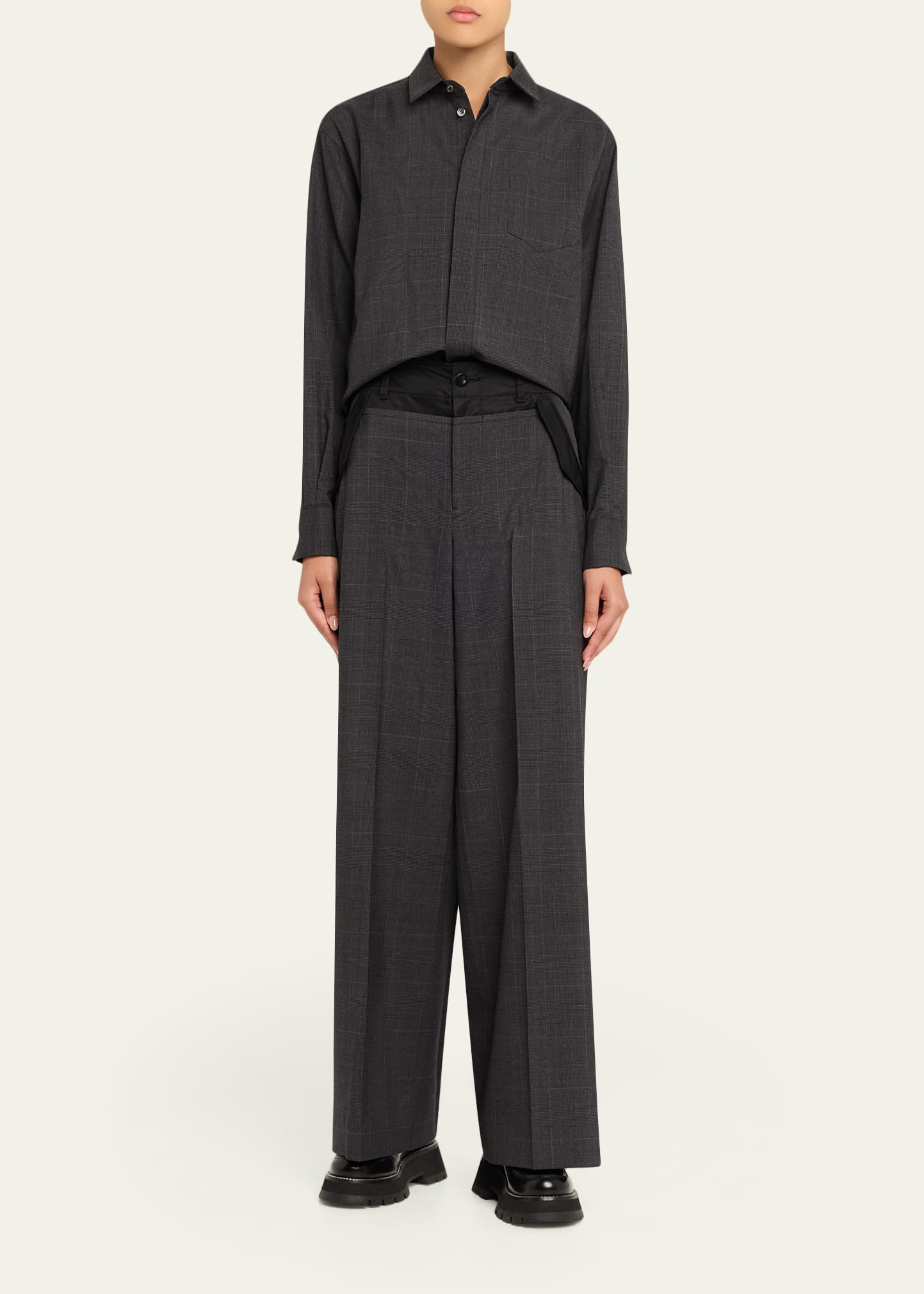 Nylon-Waistband Glen Check Wide-Leg Trousers - 2