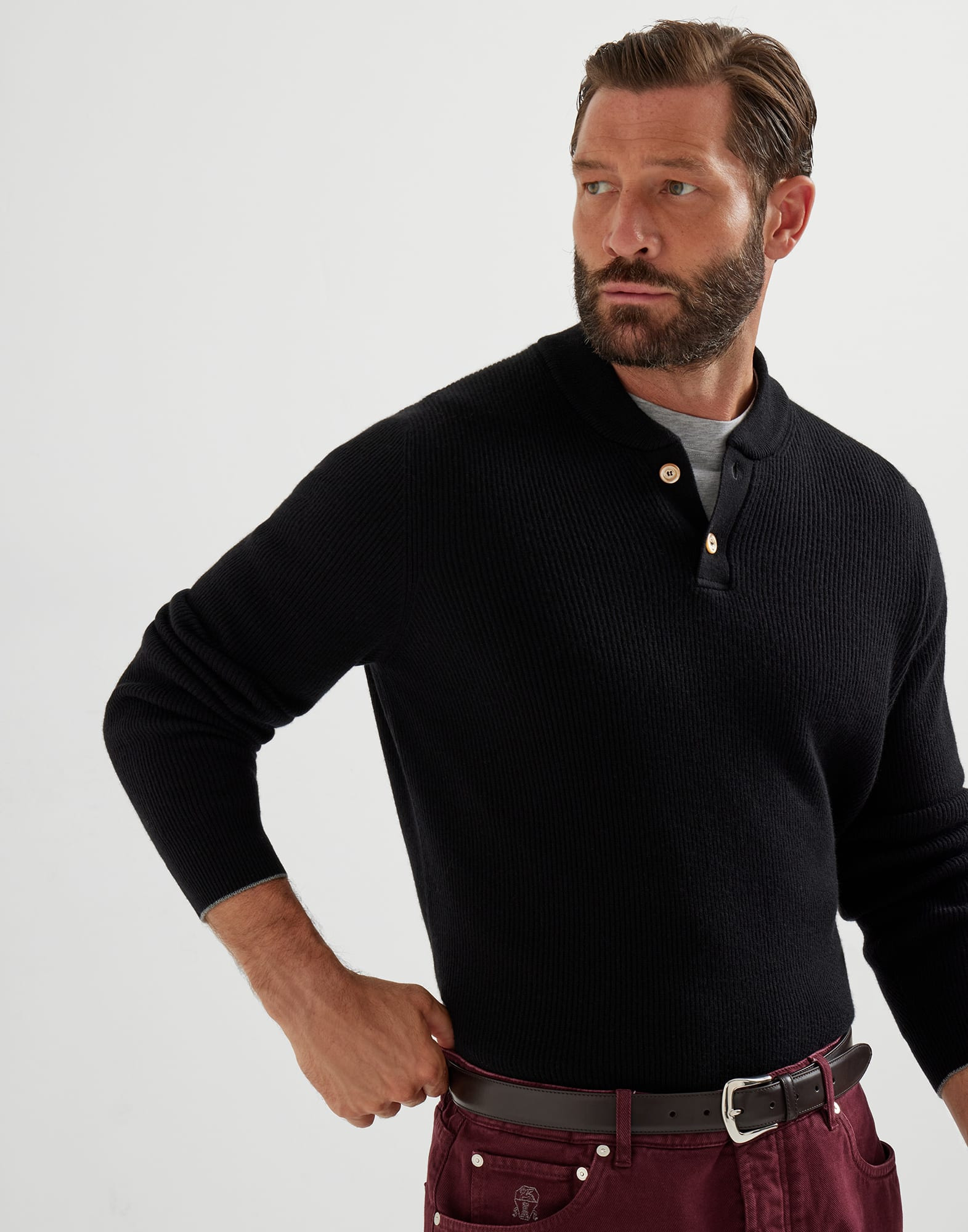 Cashmere English rib sweater with Henley collar - 4