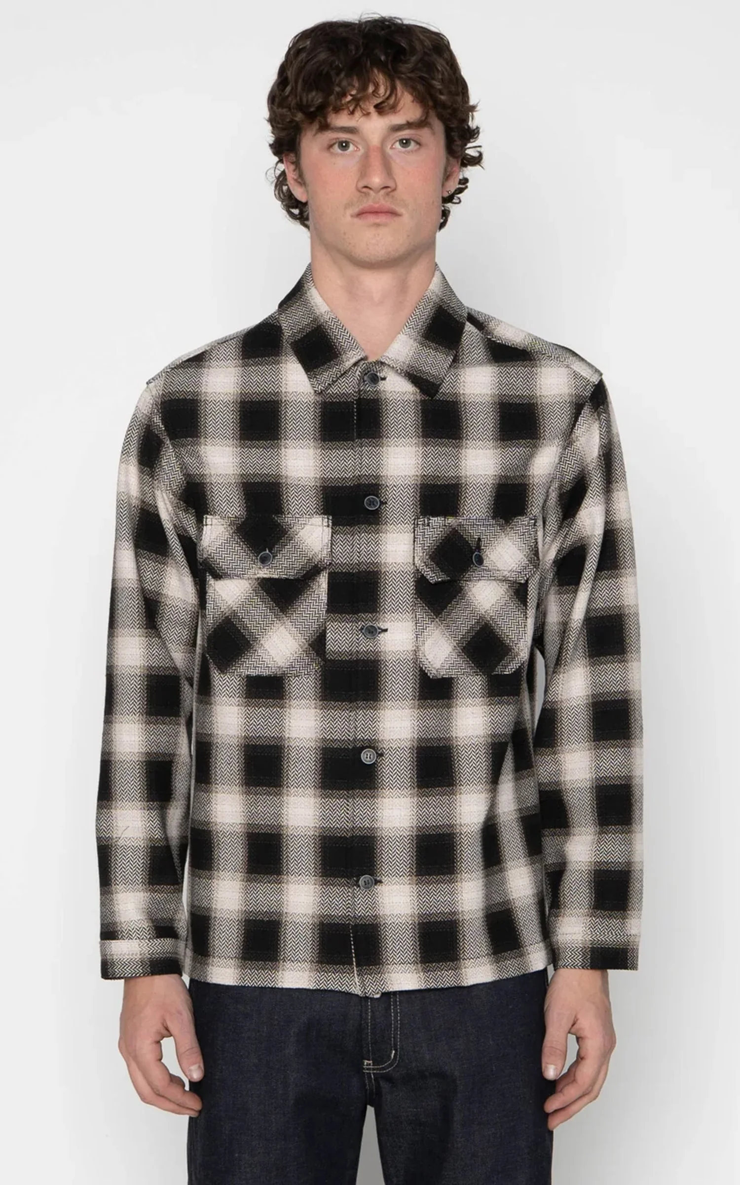 NAKED & FAMOUS WORK SHIRT TRIPPY OMBRE PLAID IVORY - 1