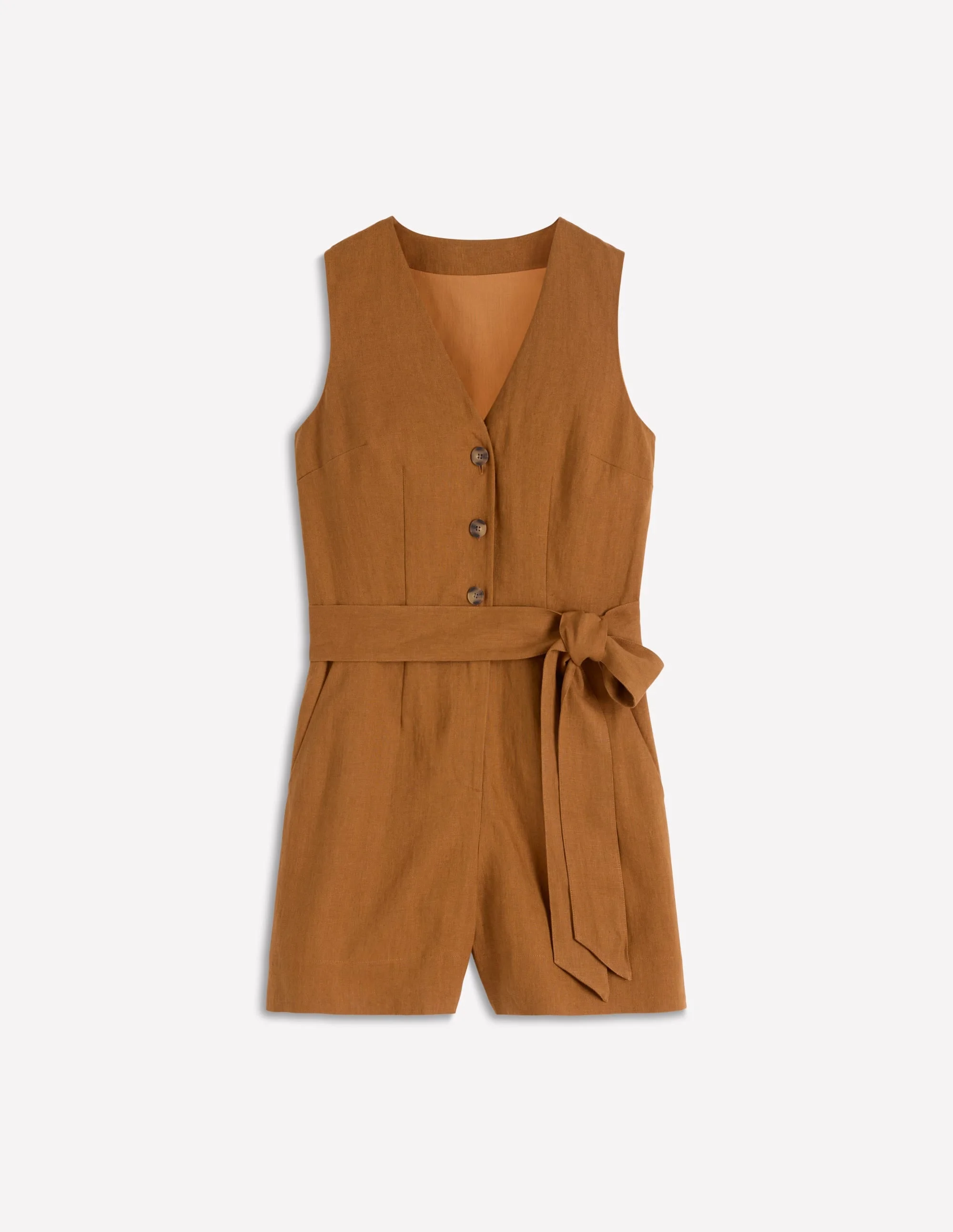 Laura V-neck Linen Playsuit-Gingerbread - 1