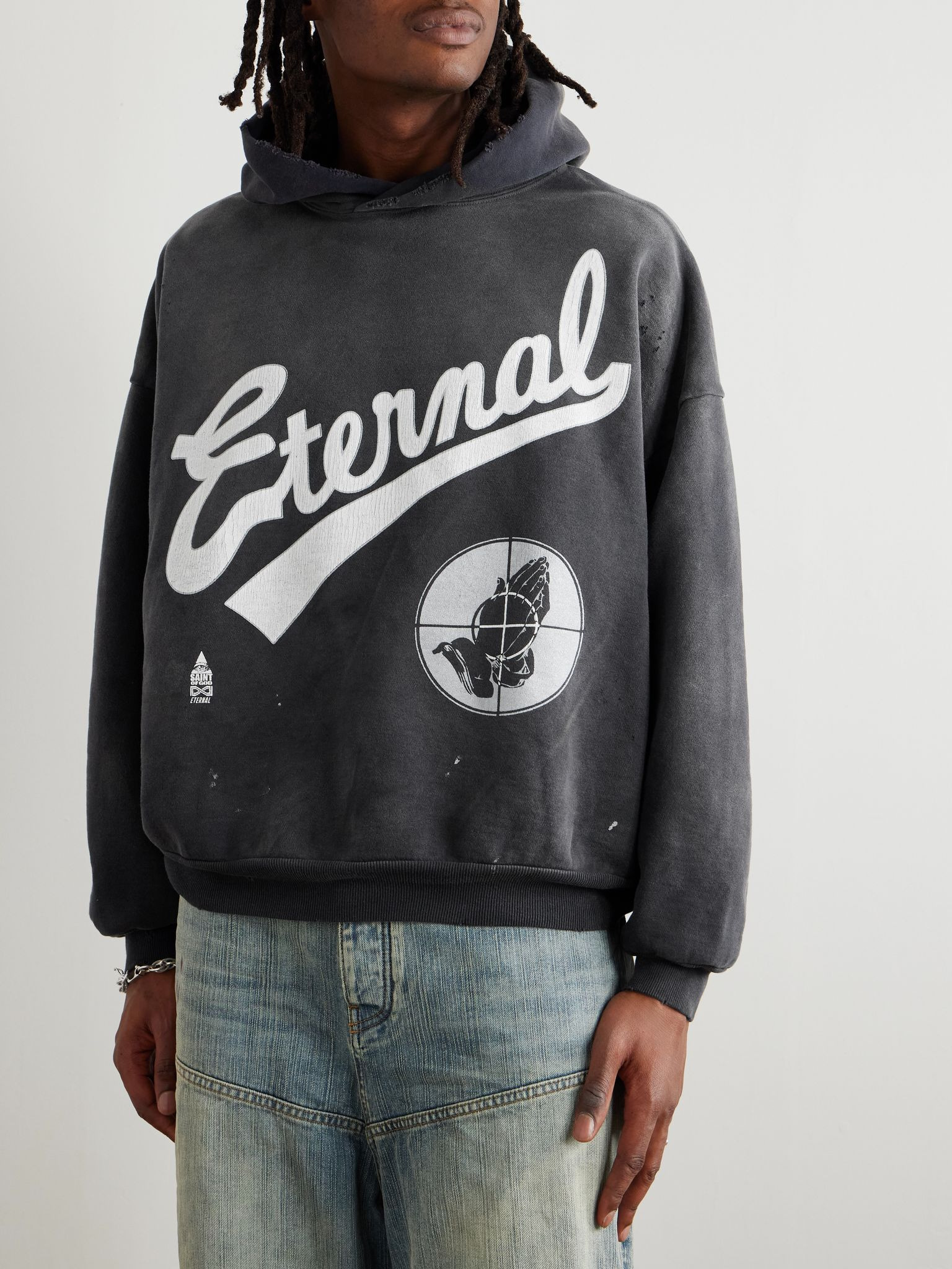 + Fear of God Distressed Logo-Print Cotton-Jersey Hoodie Black - 3