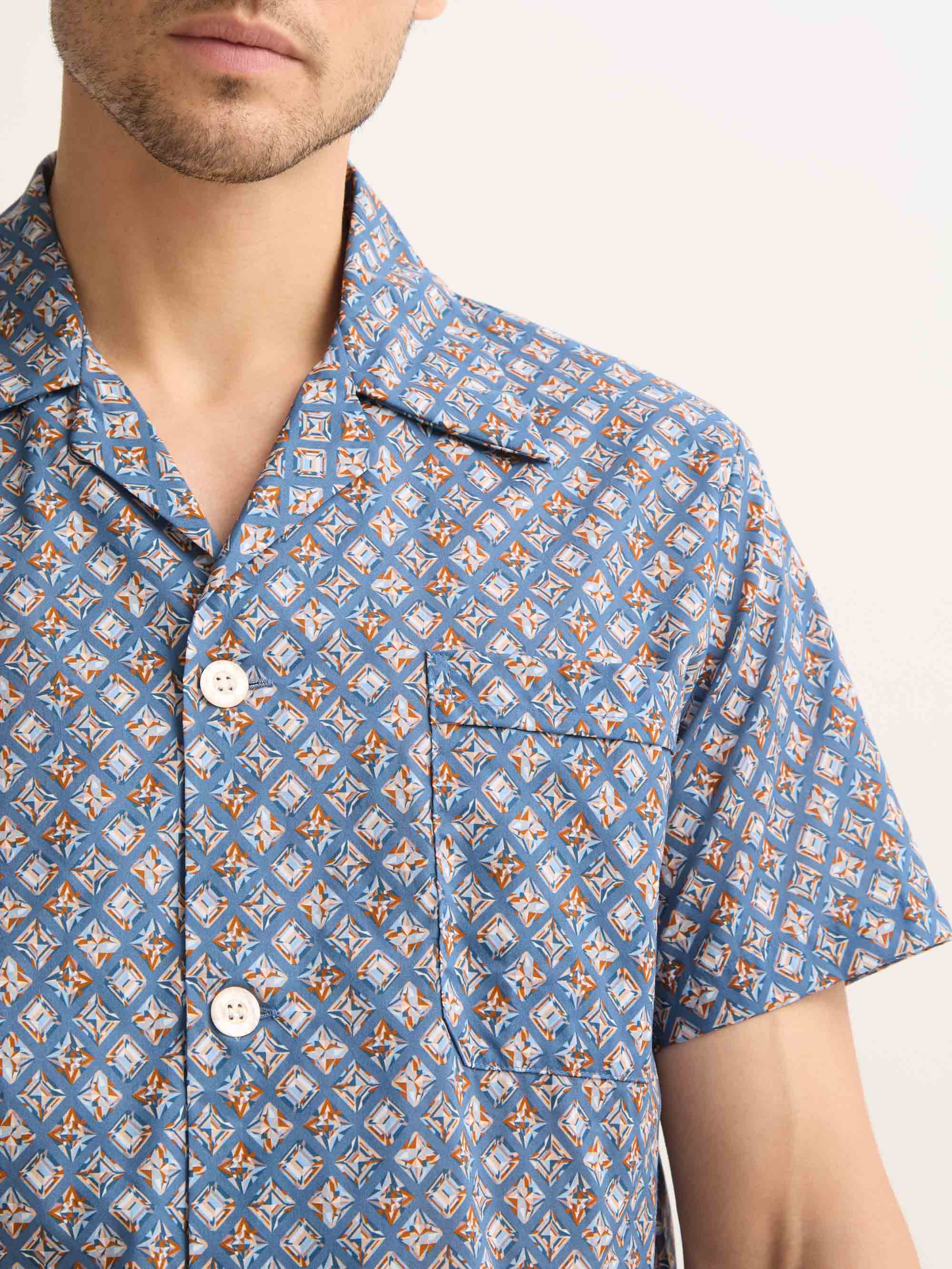 Men's Short Pajamas Cotton Batiste Blue Multicolor Diamond Print - 5
