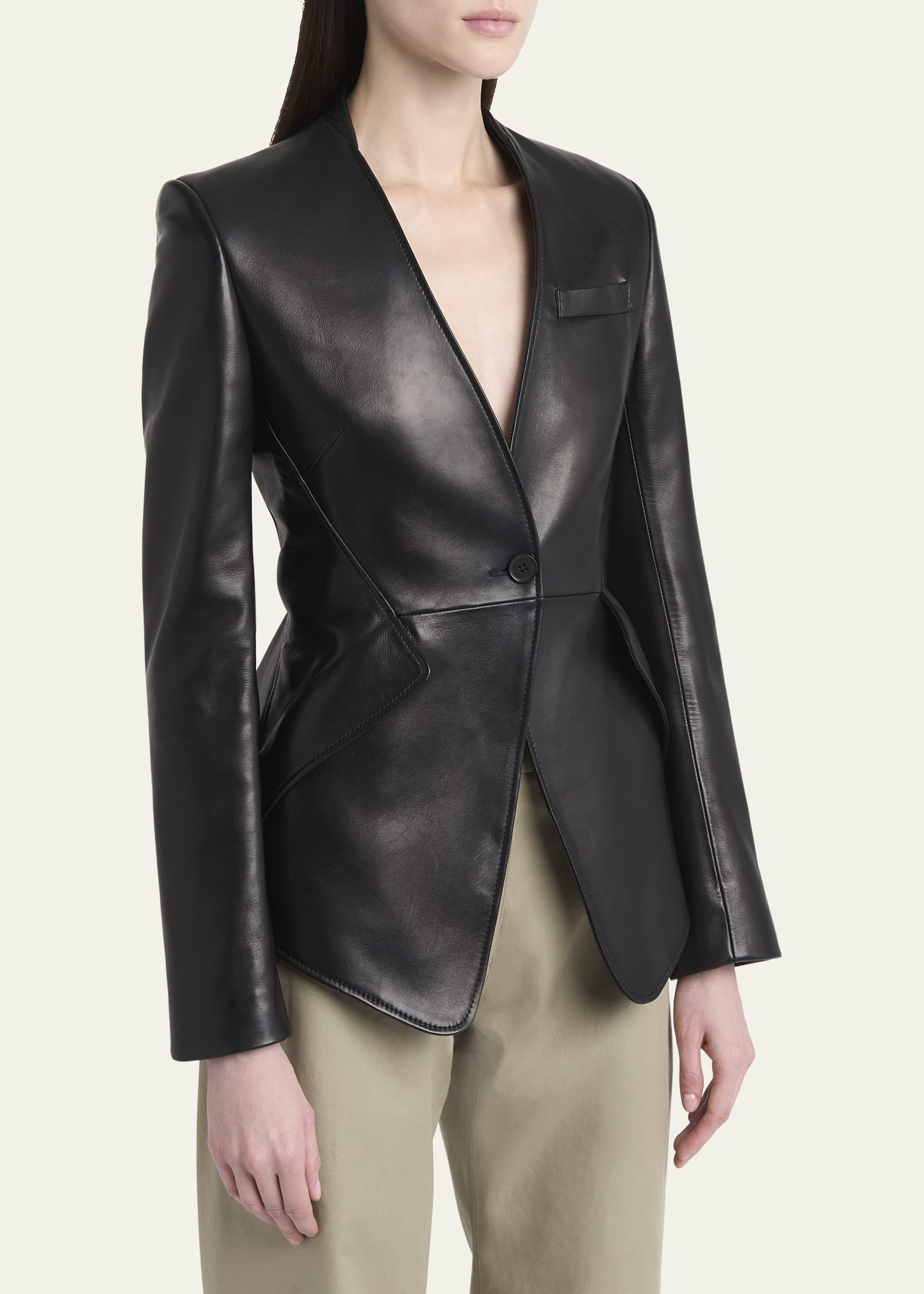 Single-Breasted Leather Blazer Jacket - 4