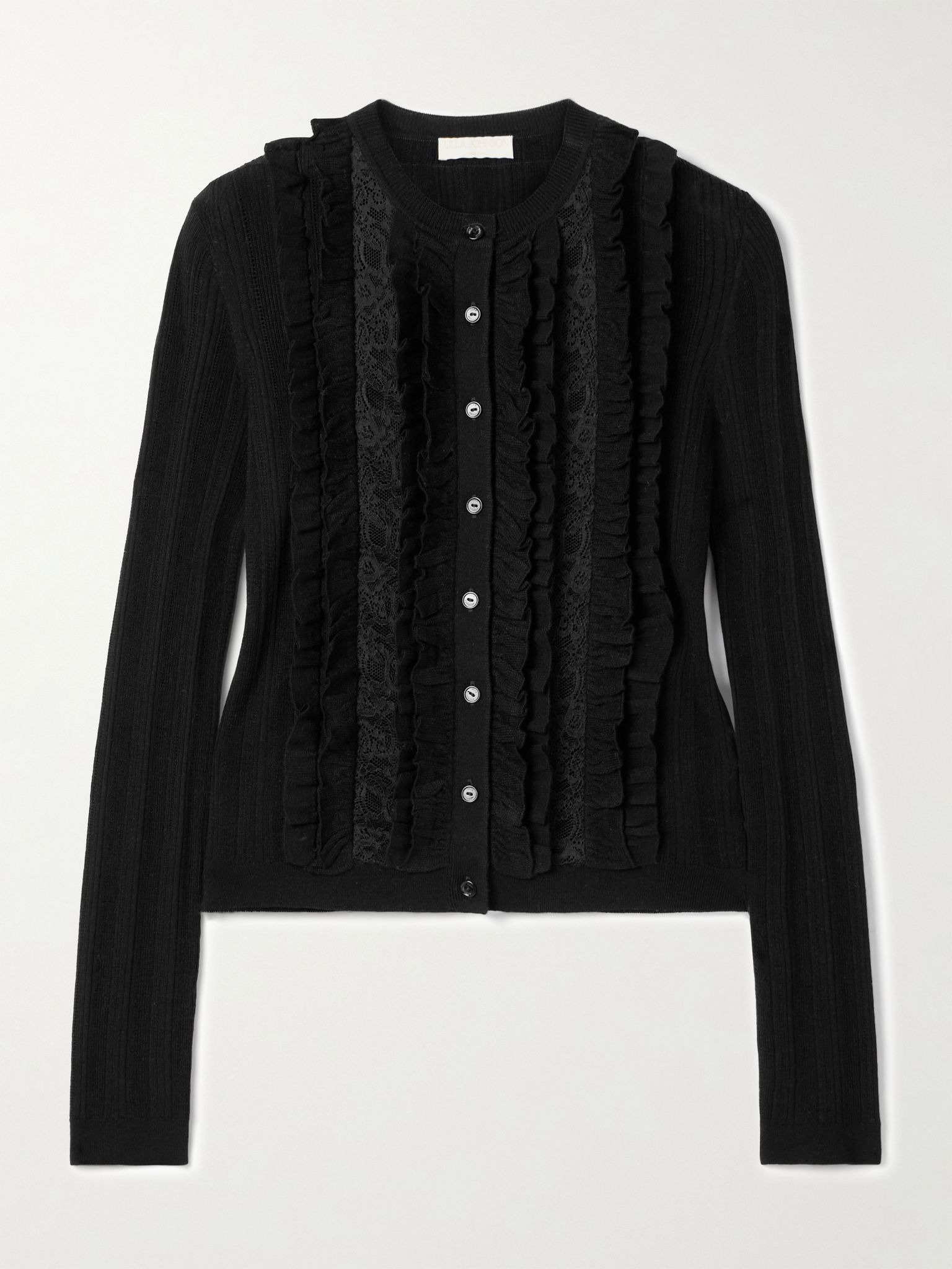 Maryel lace-trimmed ruffled ribbed merino wool cardigan Black - 1