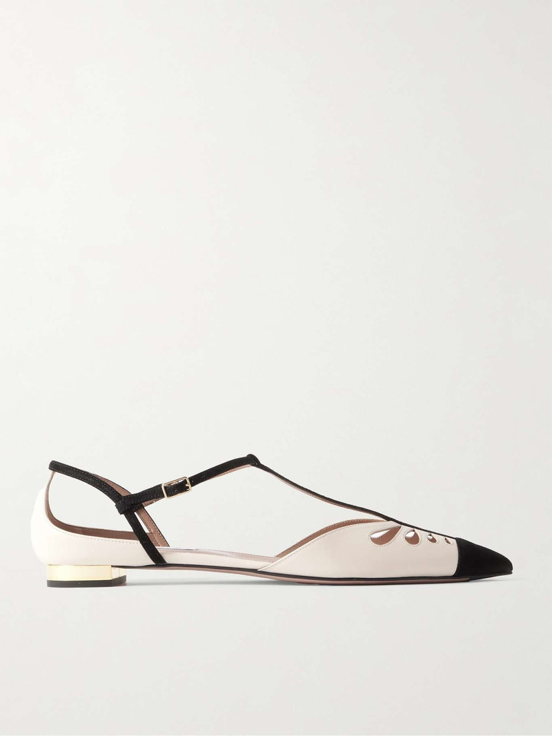 Camille suede-trimmed cutout leather point-toe flats Cream - 1