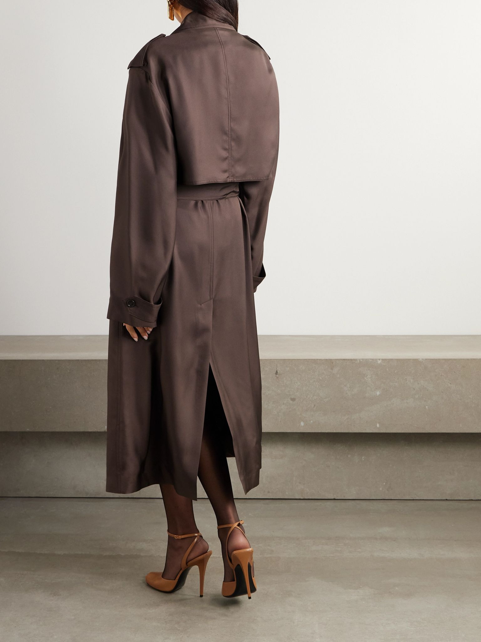 Double-breasted belted silk-twill trench coat Dark brown - 4