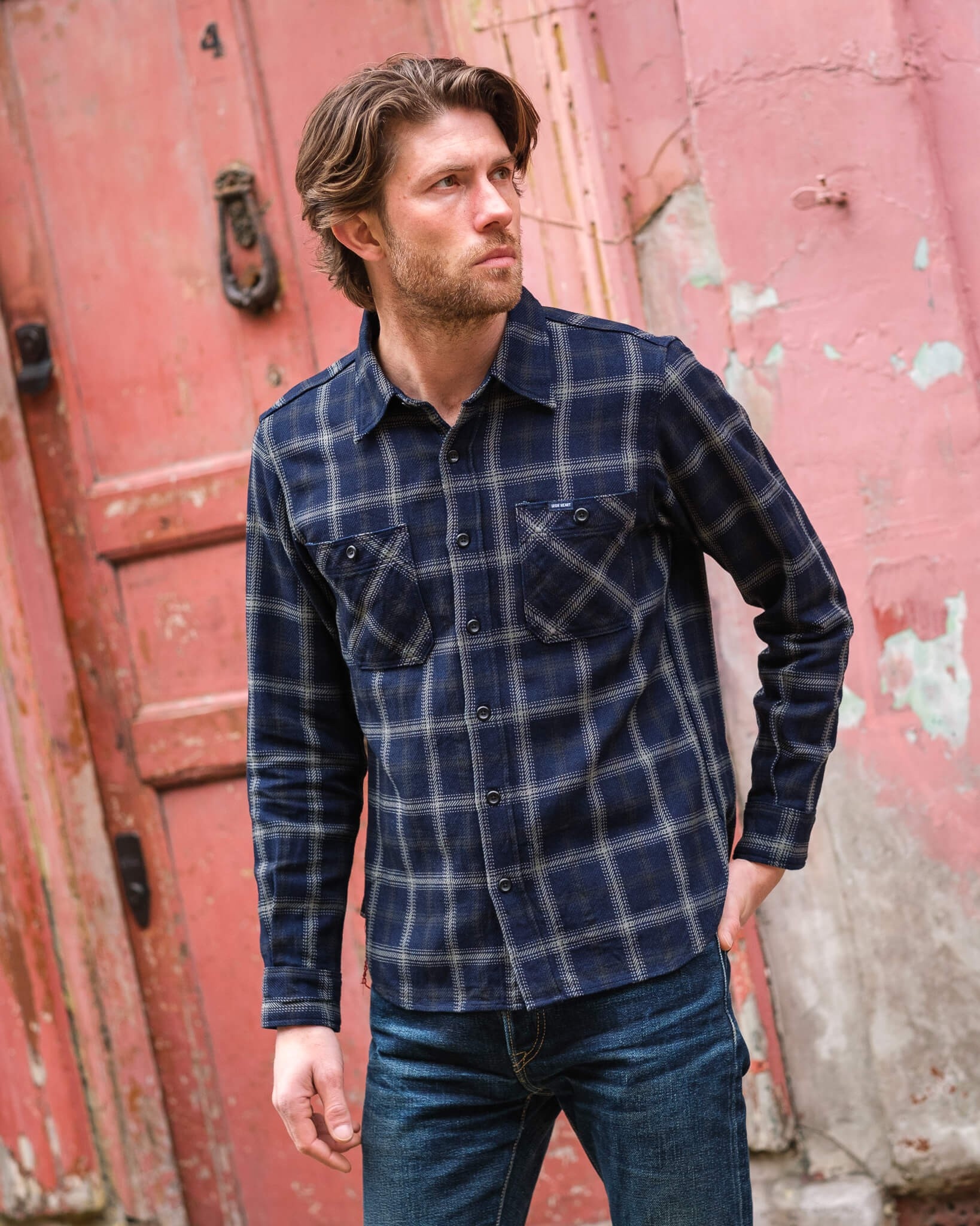 IHSH-412-BLK 9oz Selvedge Indigo Check Flannel Work Shirt - Black - 4