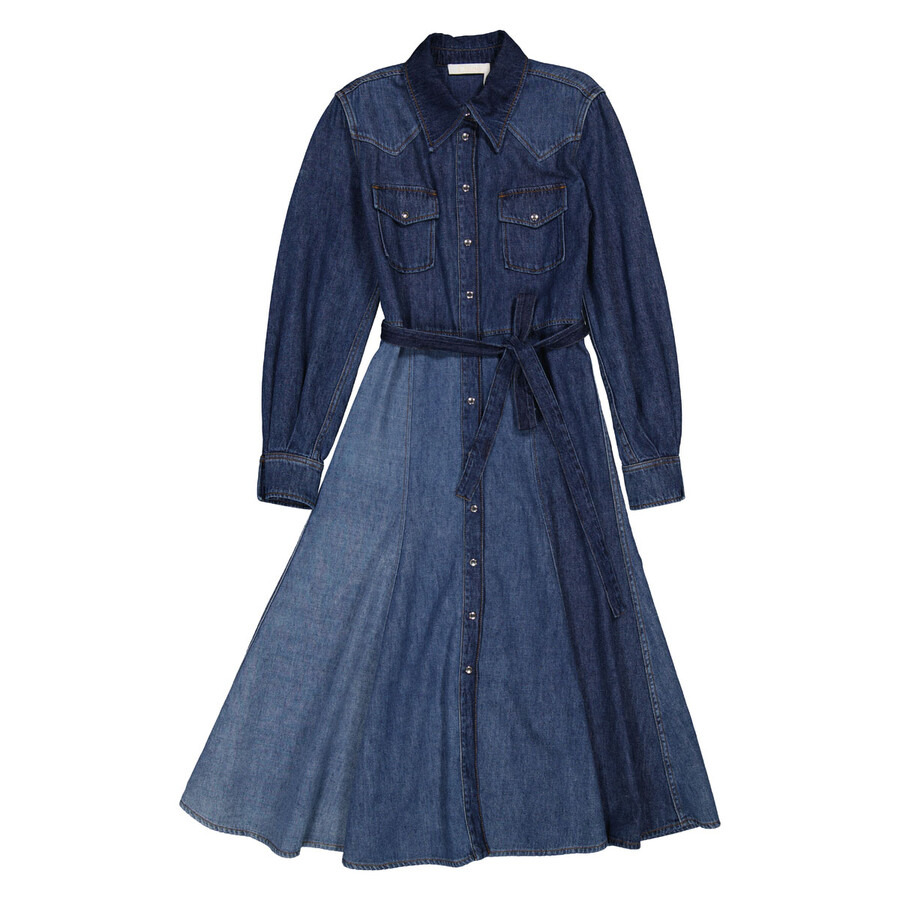 Chloe Ladies Multicolor Blue Belted Denim Shirtdress - 2