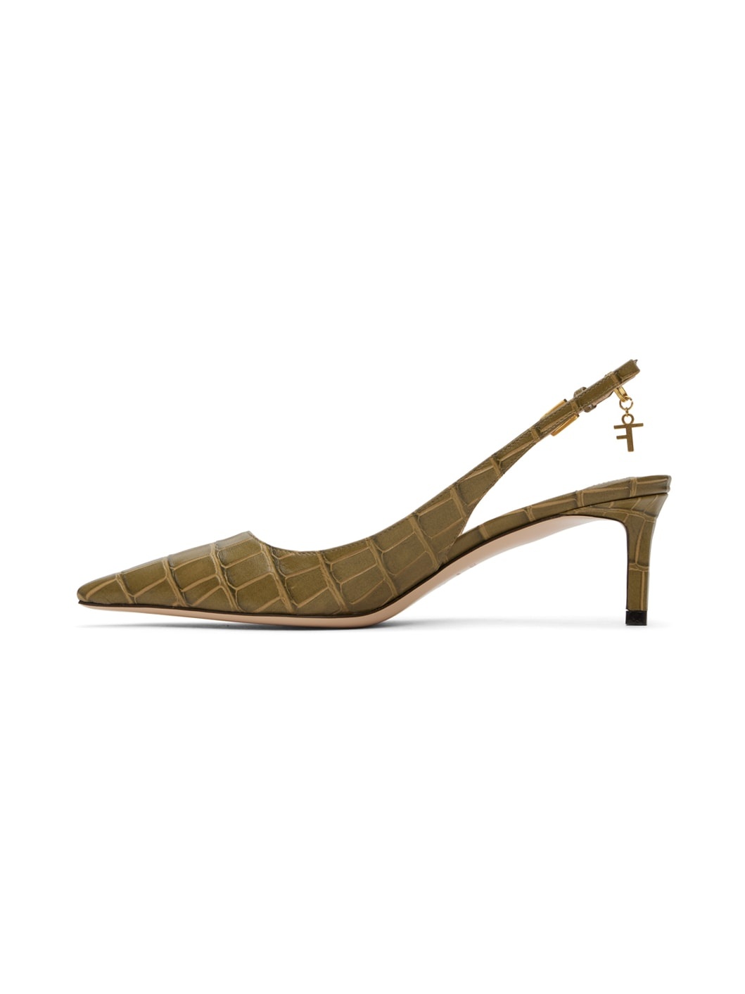 Khaki 55mm Stamped Croc Slingback Heels - 3