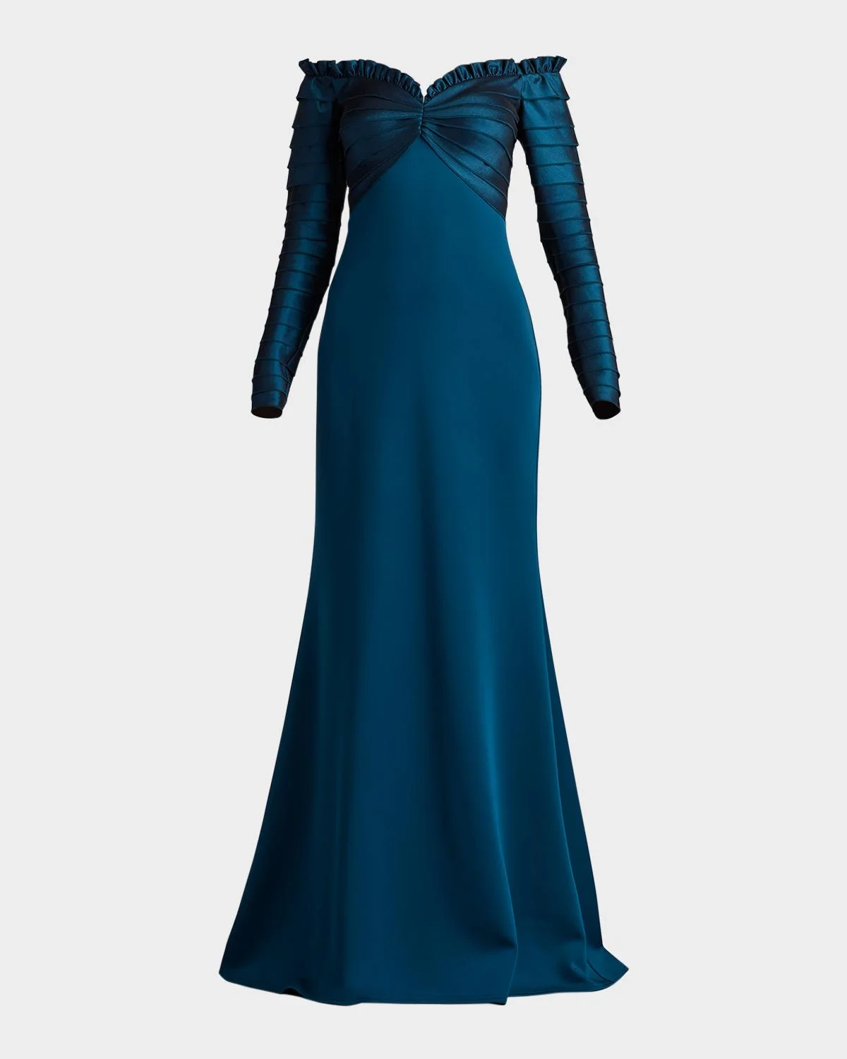 Off-Shoulder Pleated Taffeta and Crepe Gown - 1