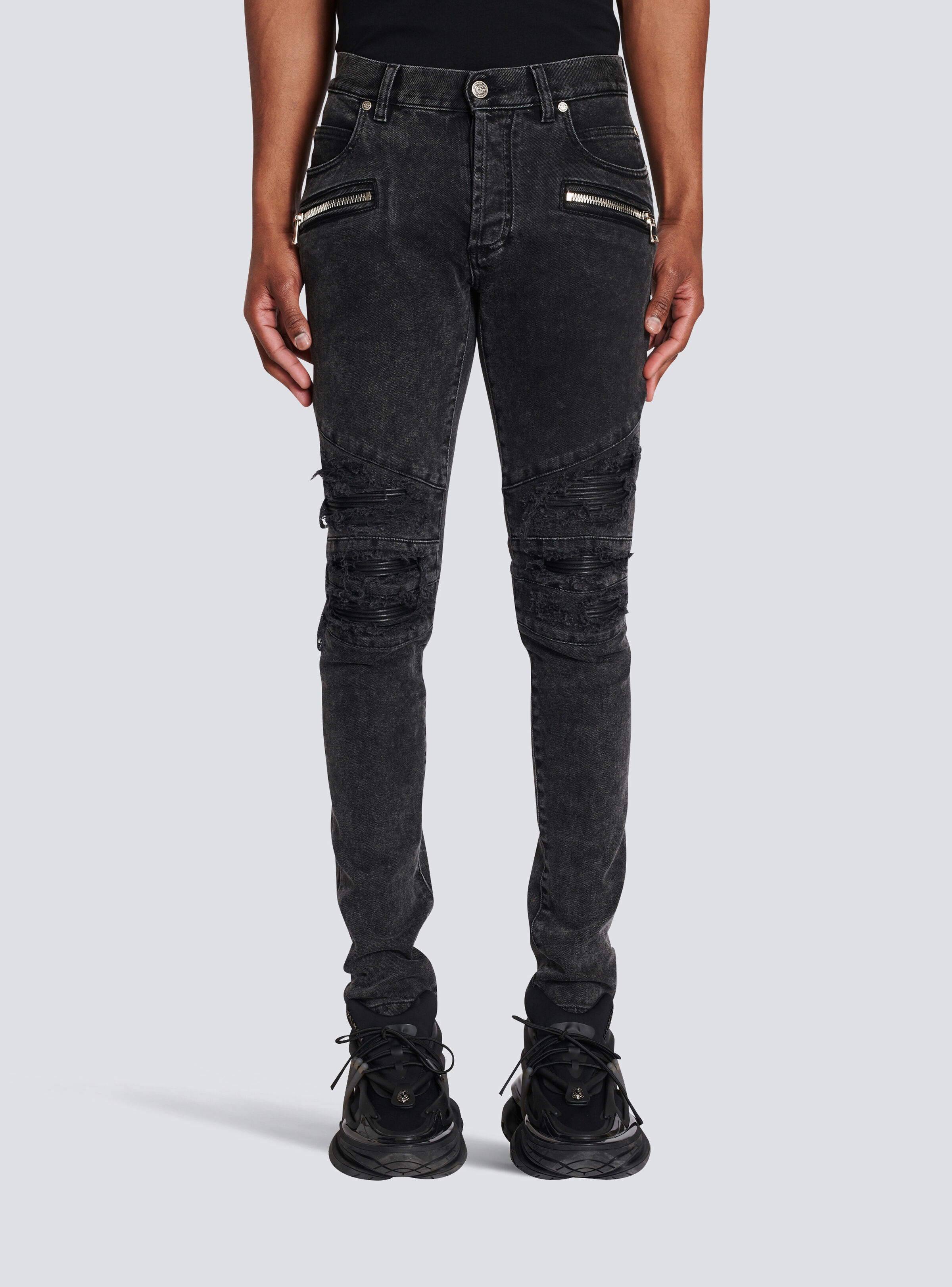 Faded faux leather slim jeans - 3