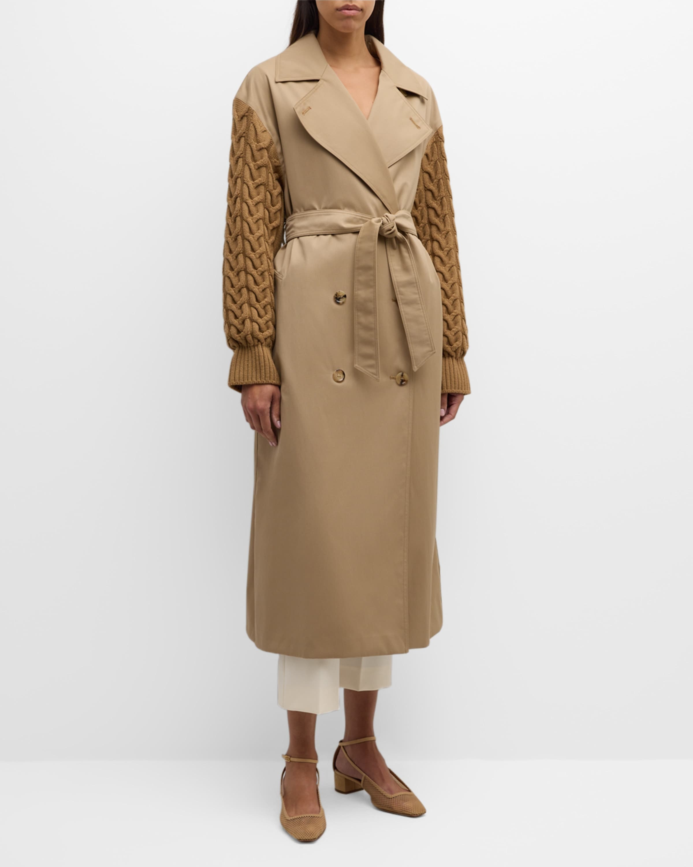 Max Mara Cicladi Cable-Knit Sleeves Belted Long Trench Coat