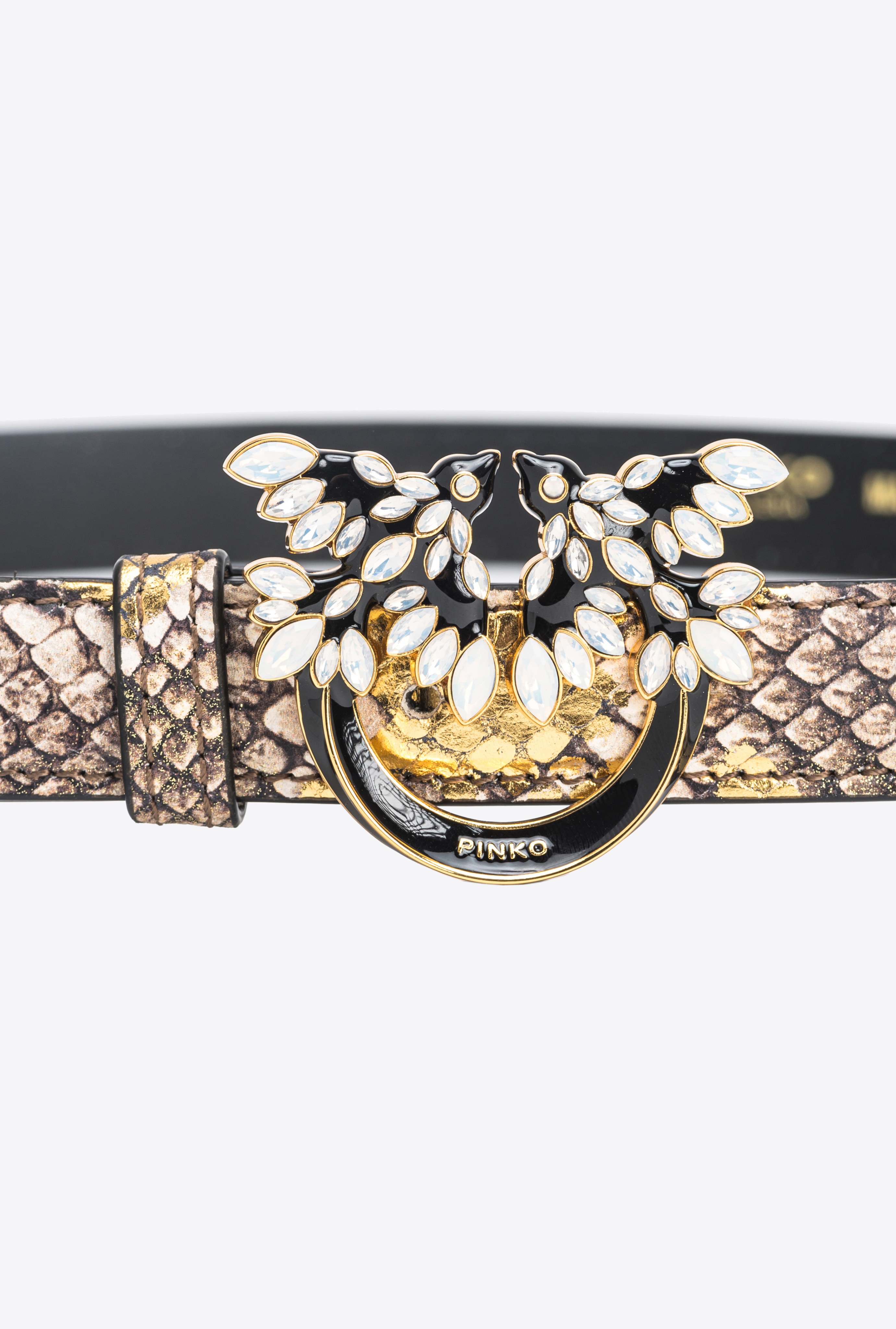 PINKO GALLERIA THIN 2CM LAMINATED REPTILE-PRINT BELT WITH LOVE BIRDS BUCKLE - 2