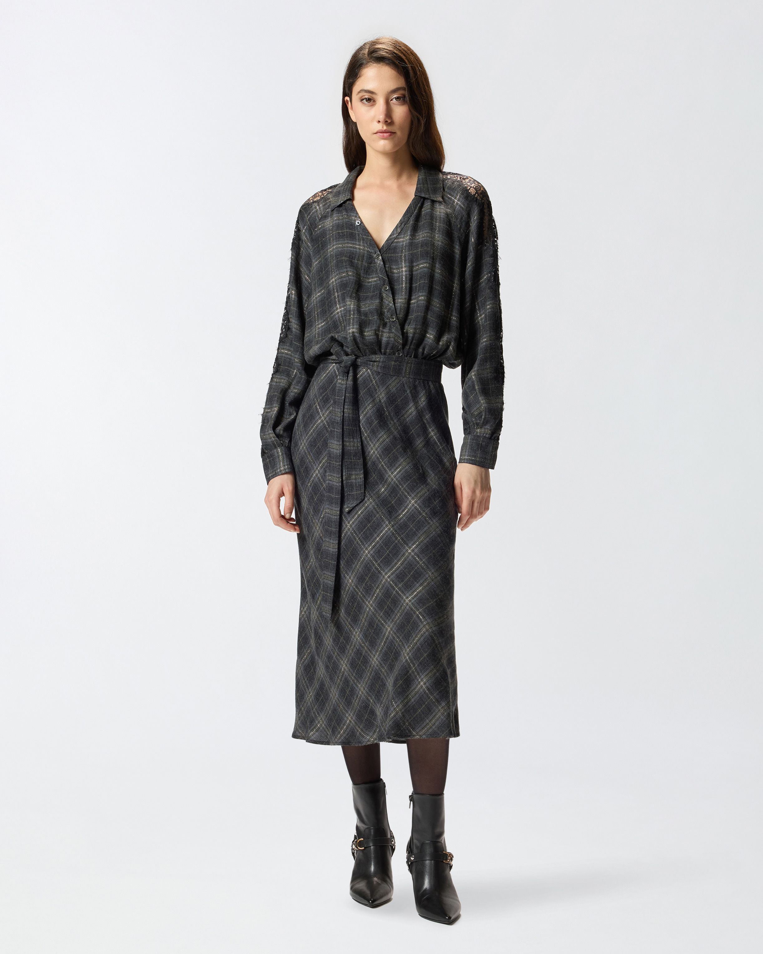 LONG CHECK DRESS WITH LACE - 2