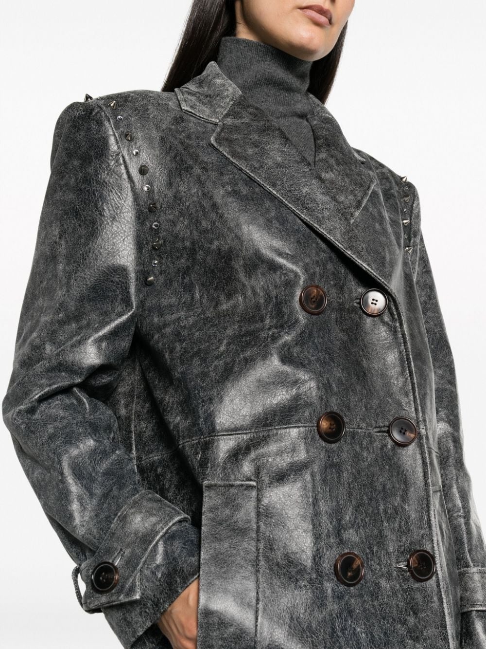spike-stud leather long coat - 5