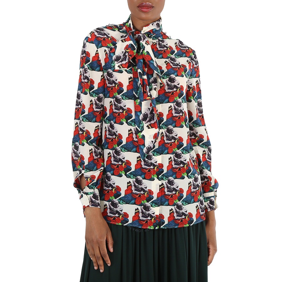 Valentino Ladies Multicolor Long-sleeve Tie Neck Blouse - 3