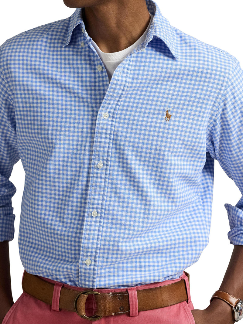 Men's Logo-Embroidered Gingham Cotton Oxford Shirt - Light Blue White 5