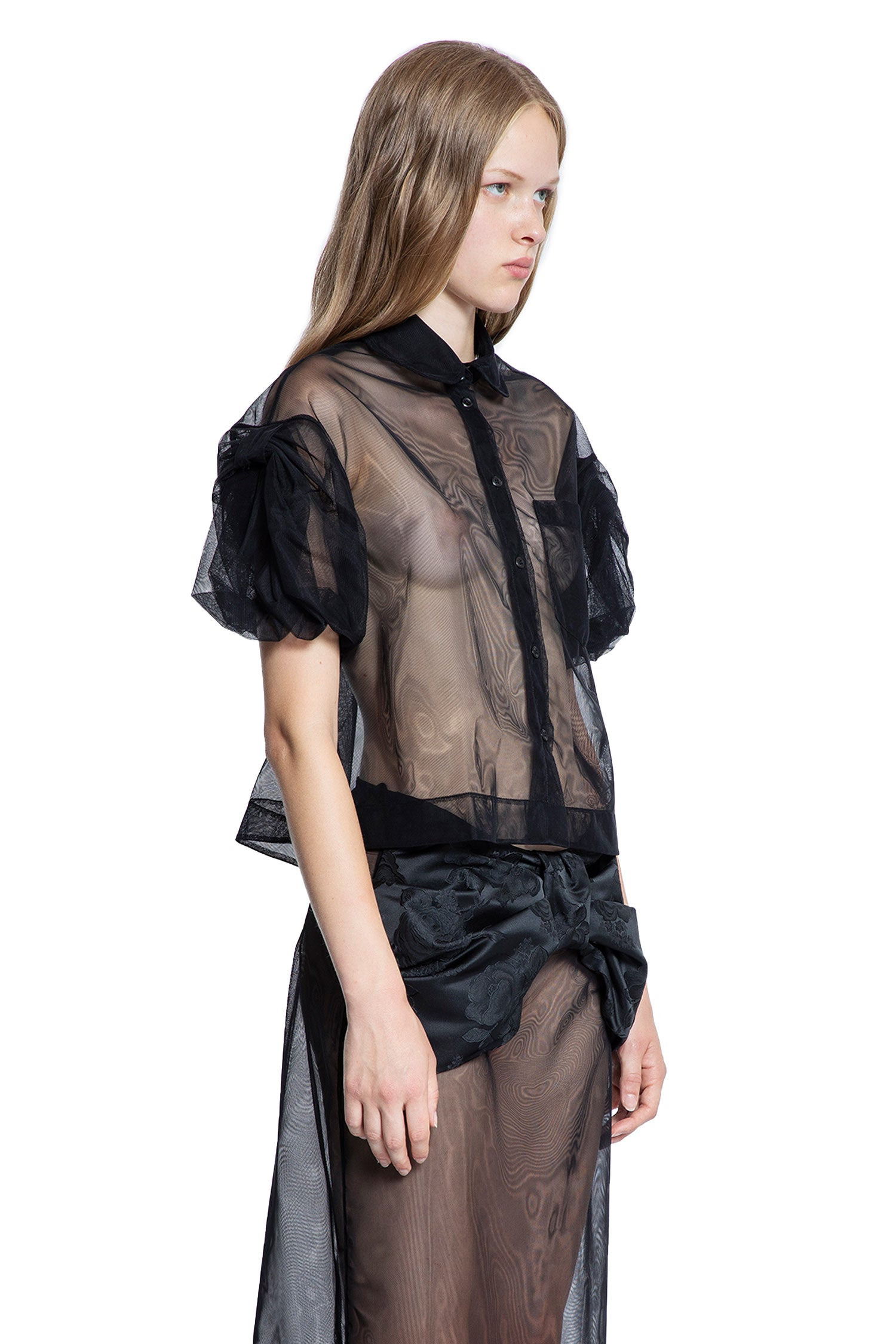 Sheer-Cropped-Puff-Bow-Sleeve-Shirt - 2