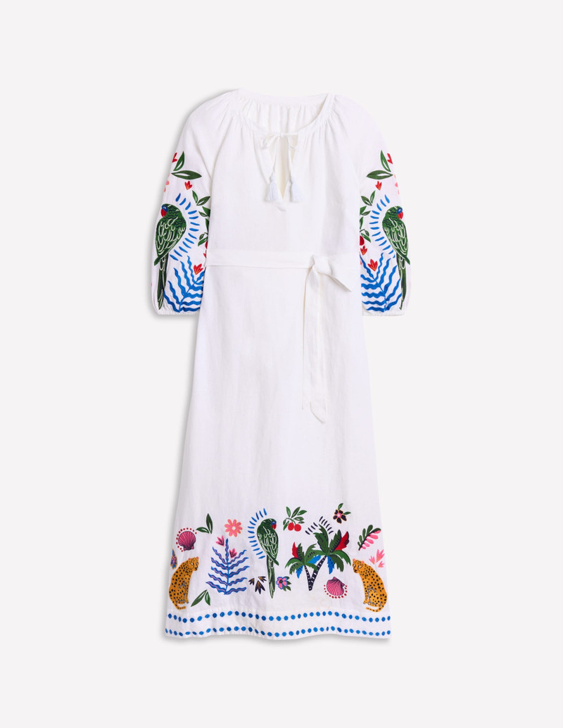 Embroidered Linen Tassel Dress-Ivory 1