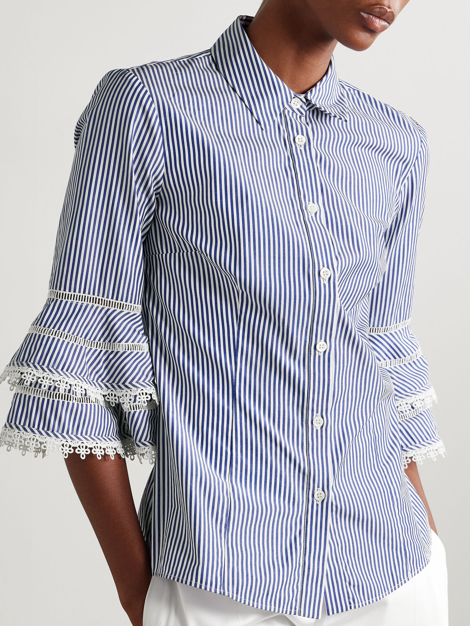 Ruffled guipure lace-trimmed striped cotton-poplin shirt Blue - 3