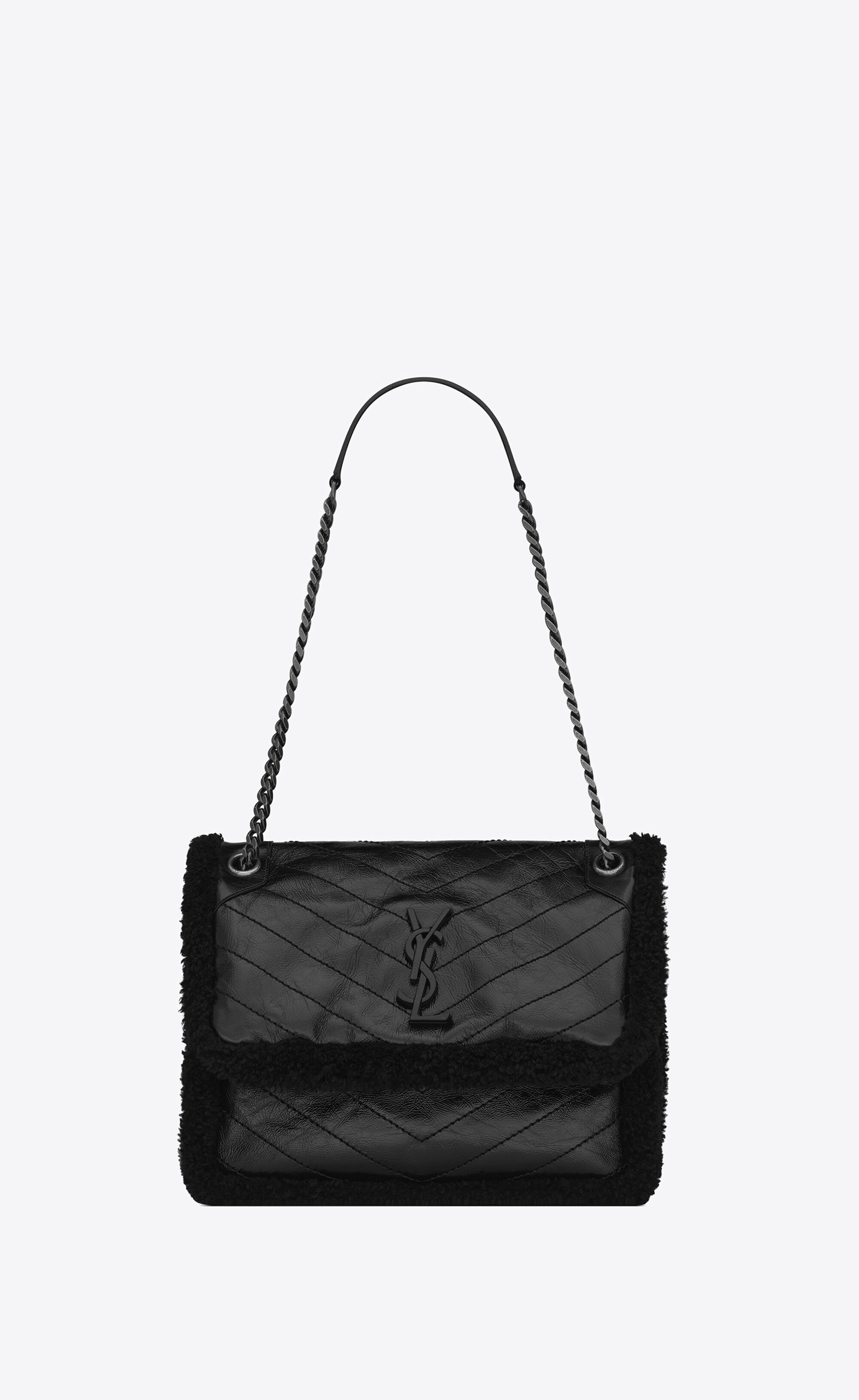 niki medium in quilted crinkled leather and shearling - 1