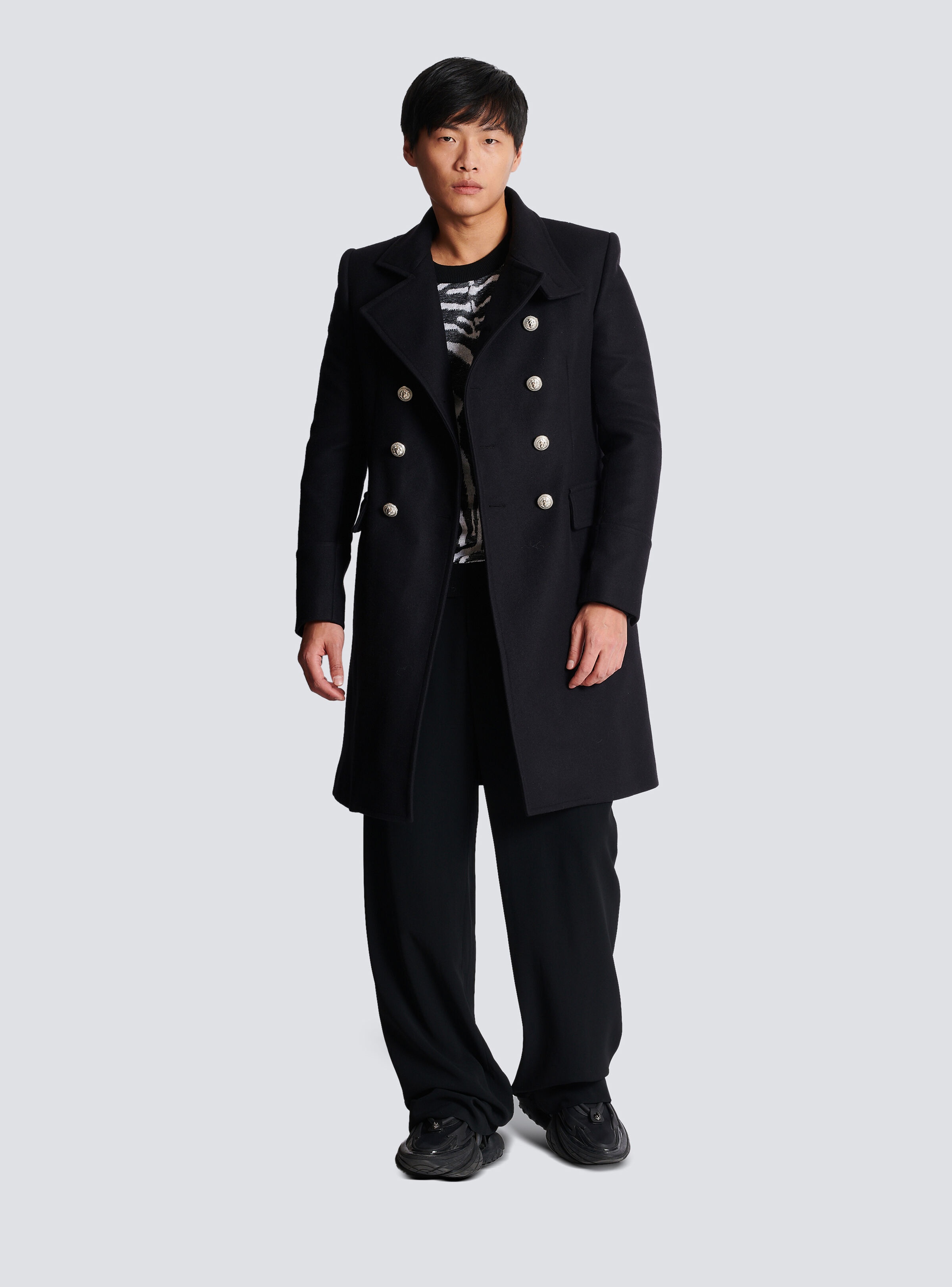 Balmain Double-breasted Wool-blend Military Coat in Black for Men