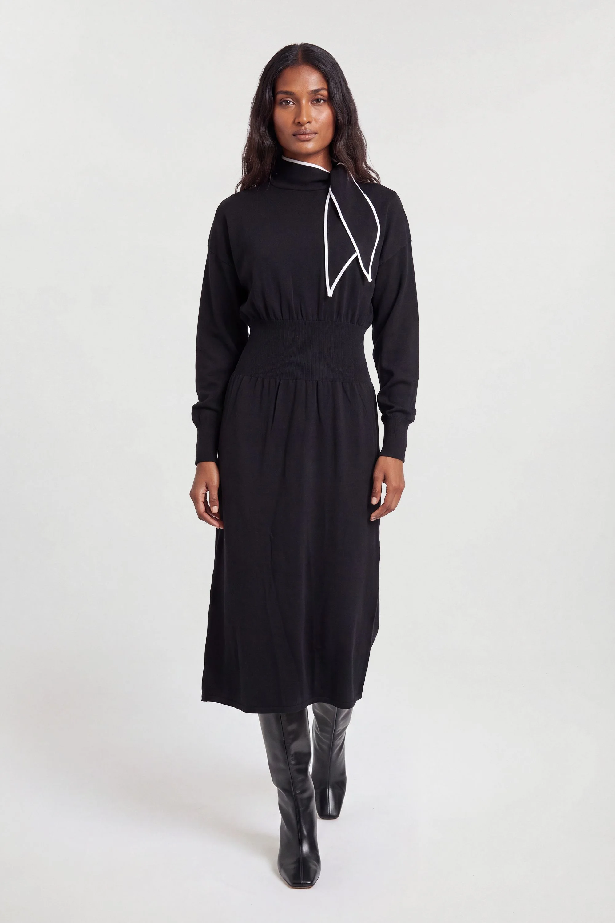 Knitted Neck Tie Detail Midi Dress - 1