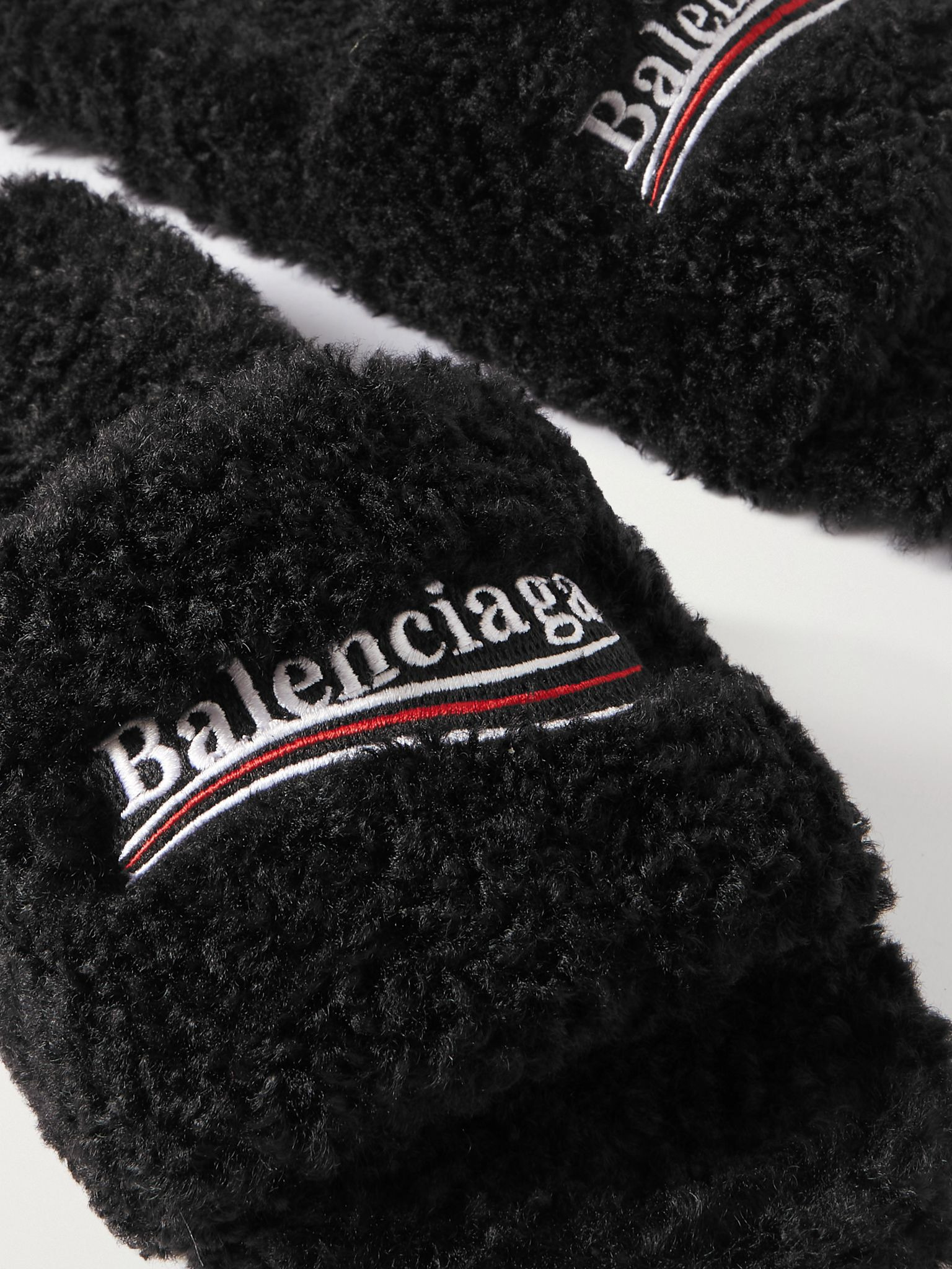 Furry logo-embroidered faux shearling slides Black - 4
