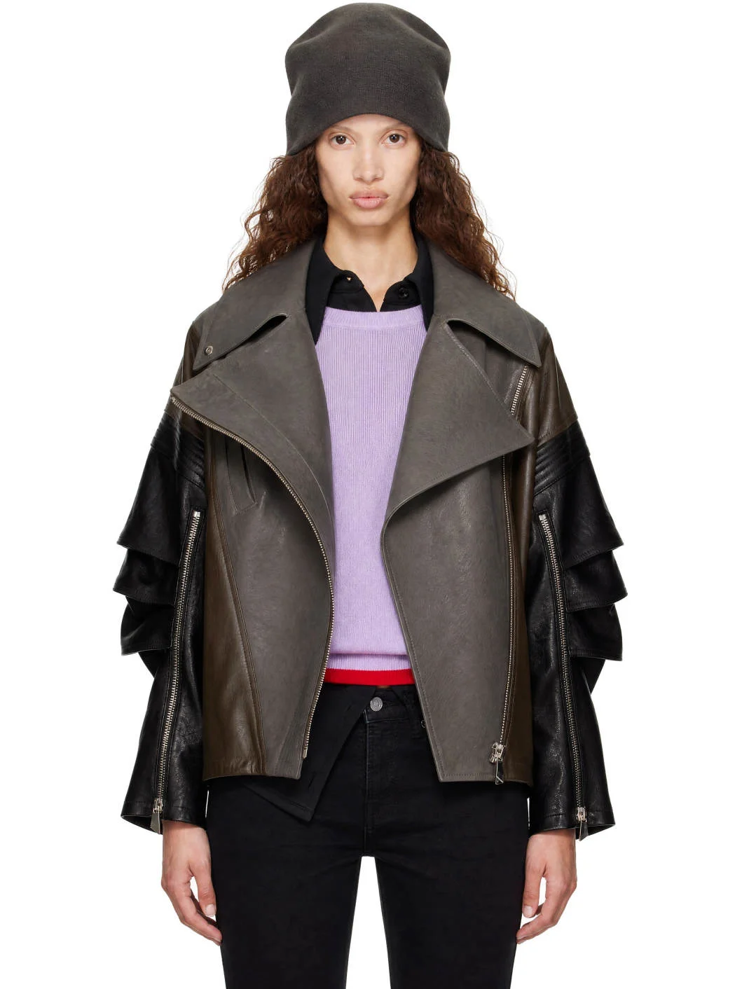 Gray & Black Kylie Leather Bomber Jacket - 1