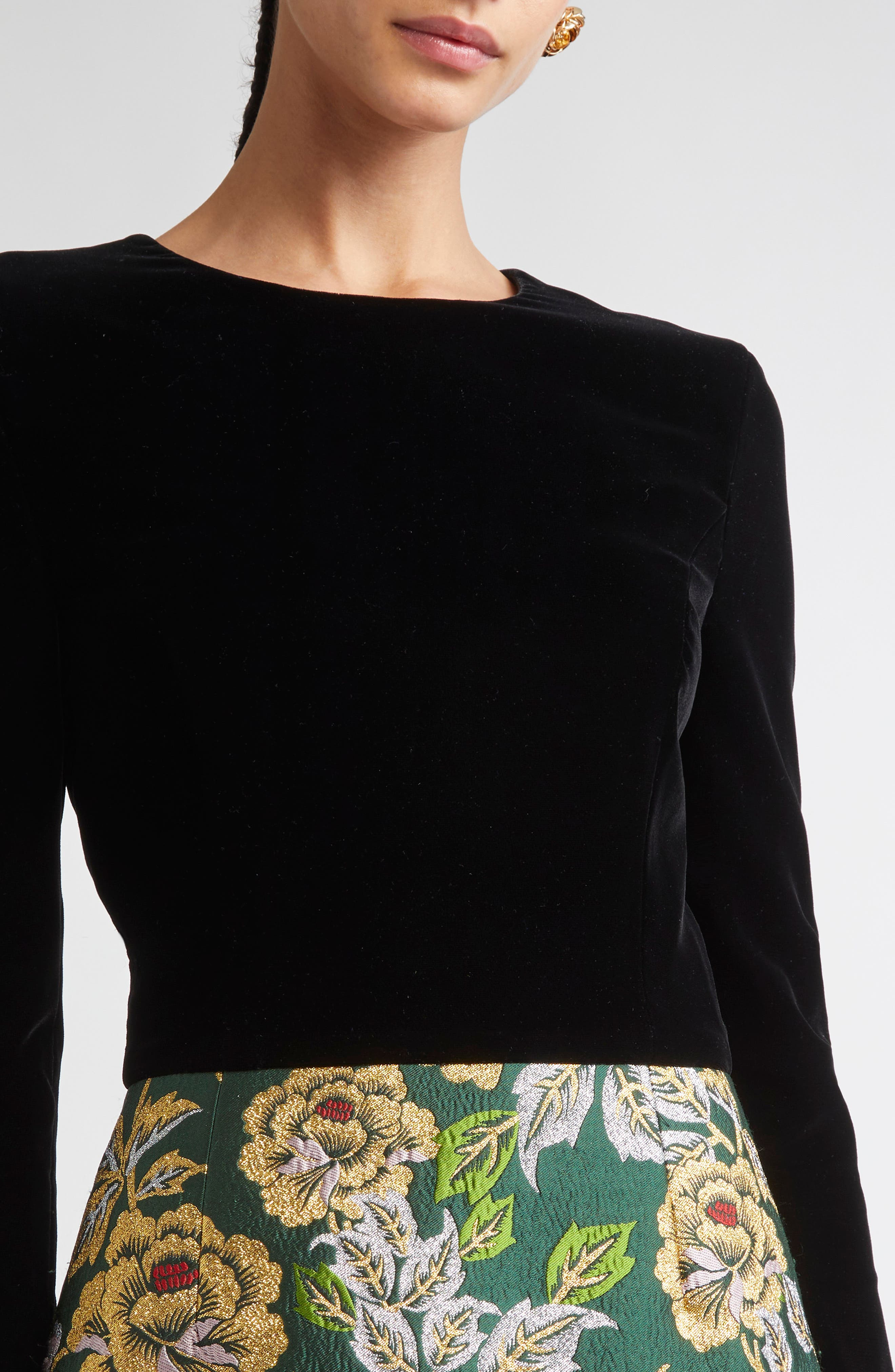 Carolina Herrera Long Sleeve Floral Jacquard & Velvet Midi Dress in Pine Green Mult at Nordstrom - 4