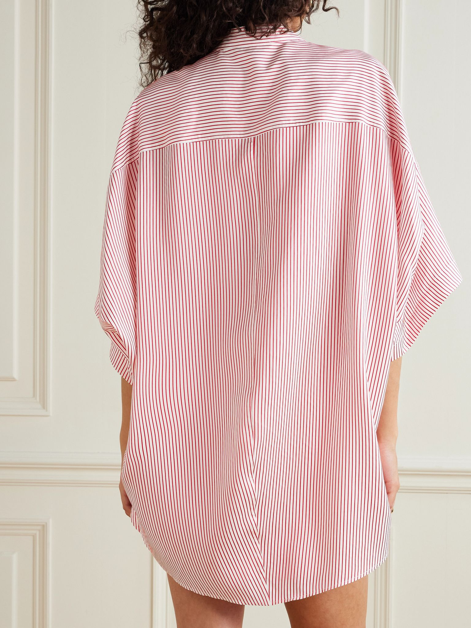 Oversized embroidered striped organic silk shirt Red - 3