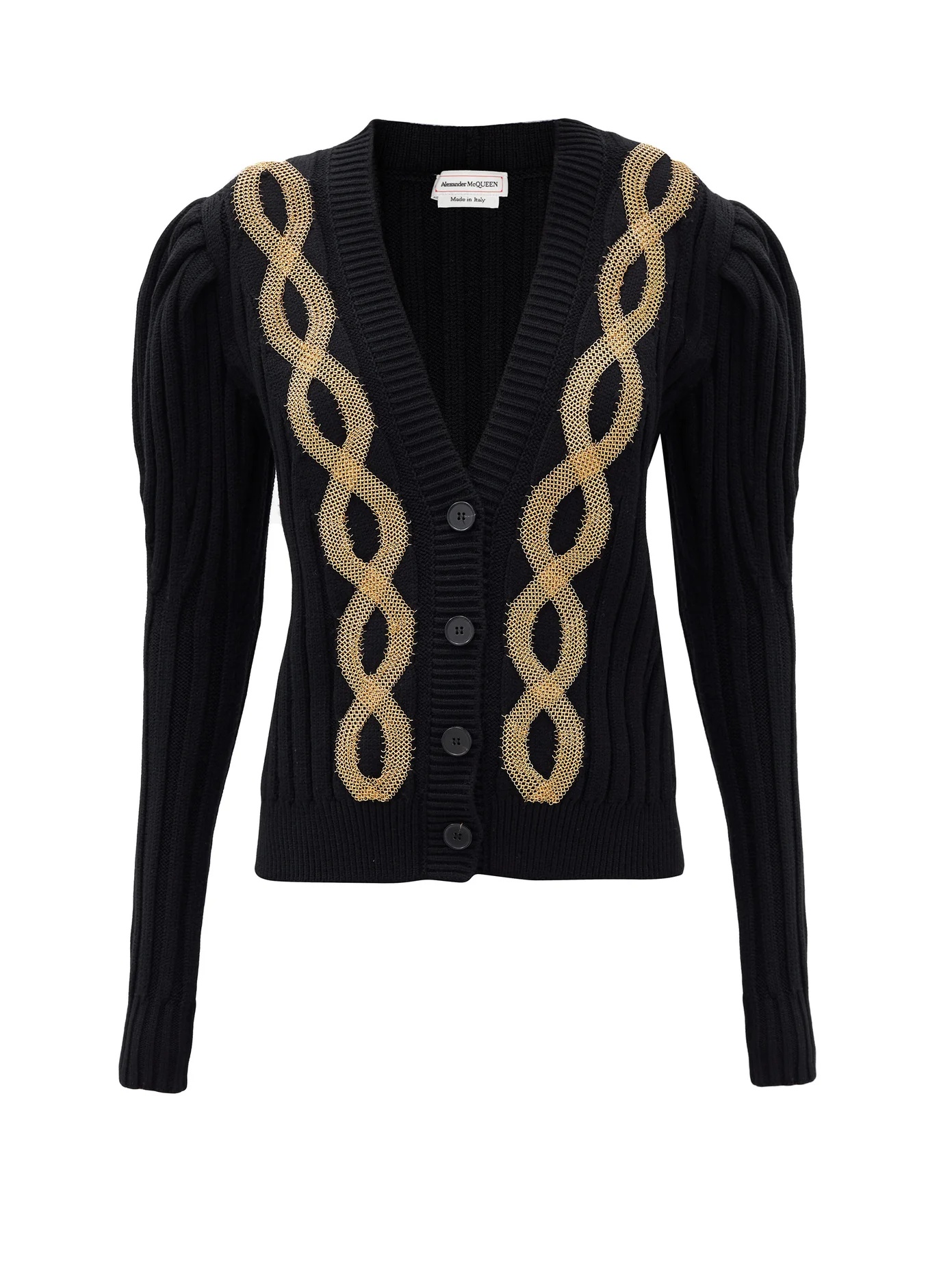 Chain-embroidered ribbed-knit wool-blend cardigan - 1