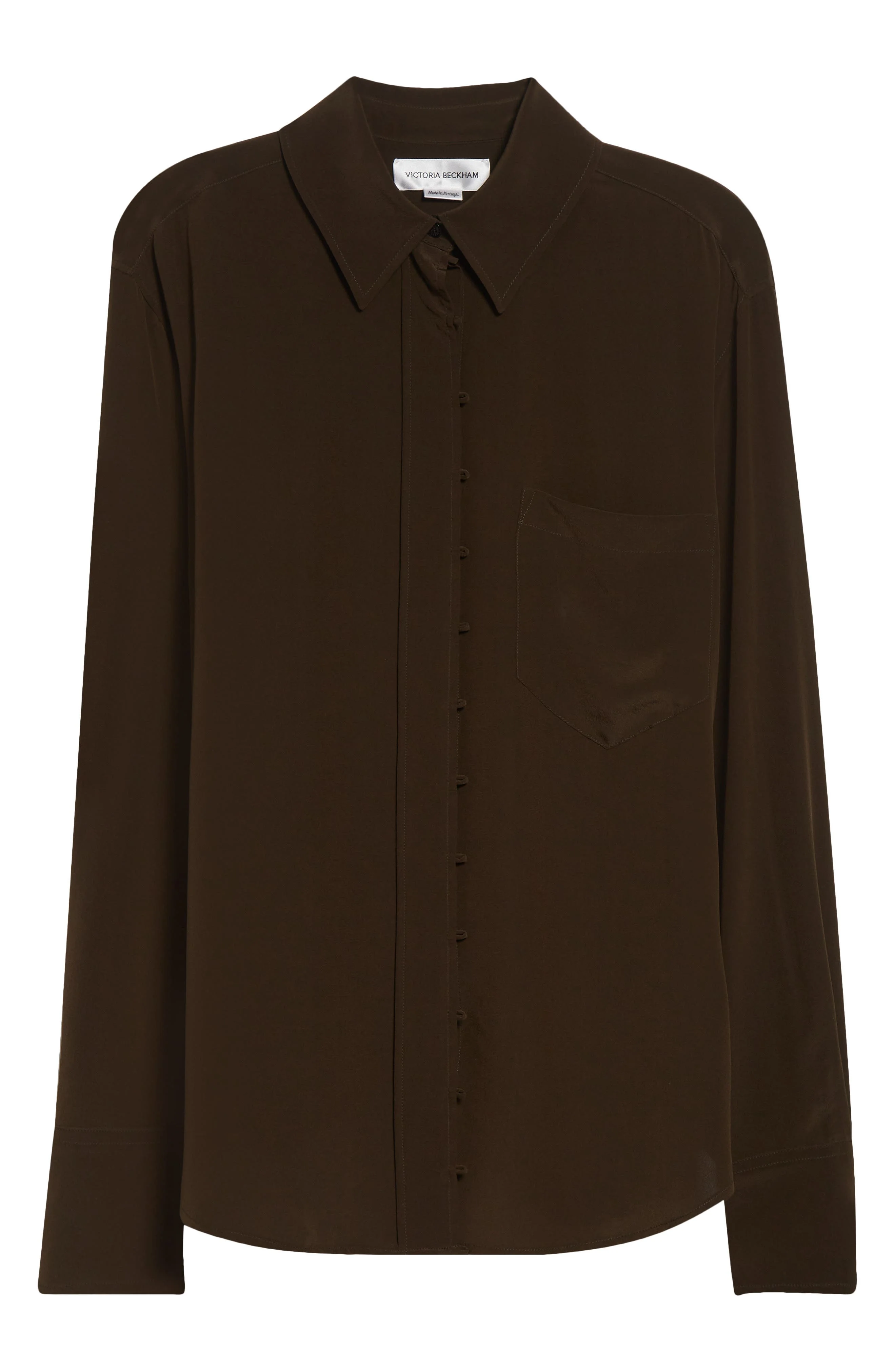 Victoria Beckham Rouleaux Detail Silk Shirt in Dark Olive at Nordstrom - 1