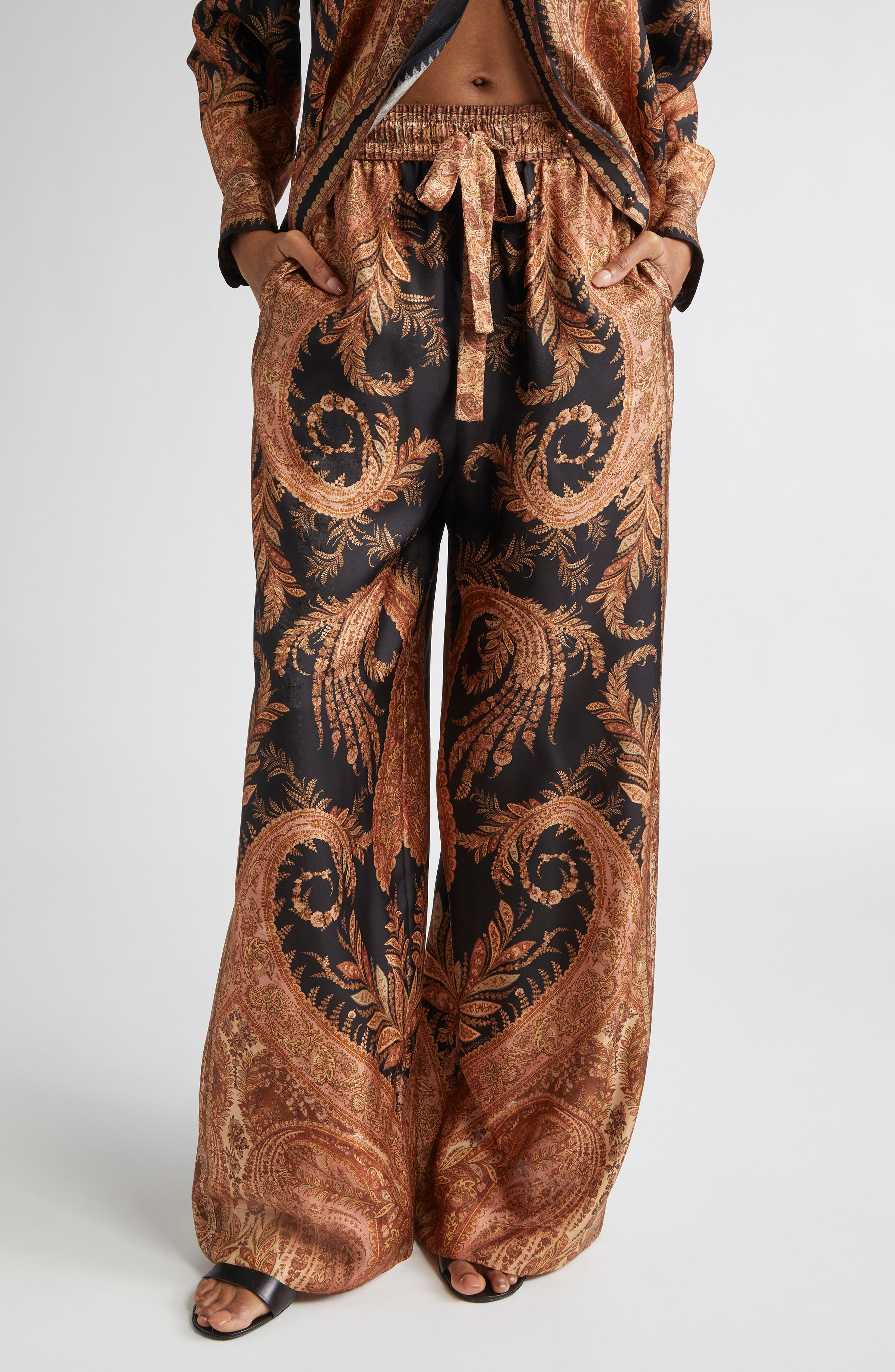 Zimmermann Hypnotic Wide Leg Silk Track Pants in Black Paisley at Nordstrom - 1