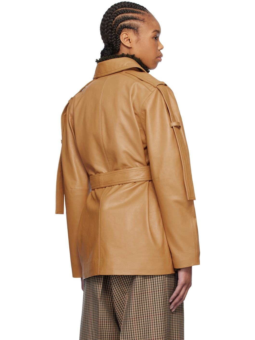 Tan Belted Boxy Leather Jacket - 3