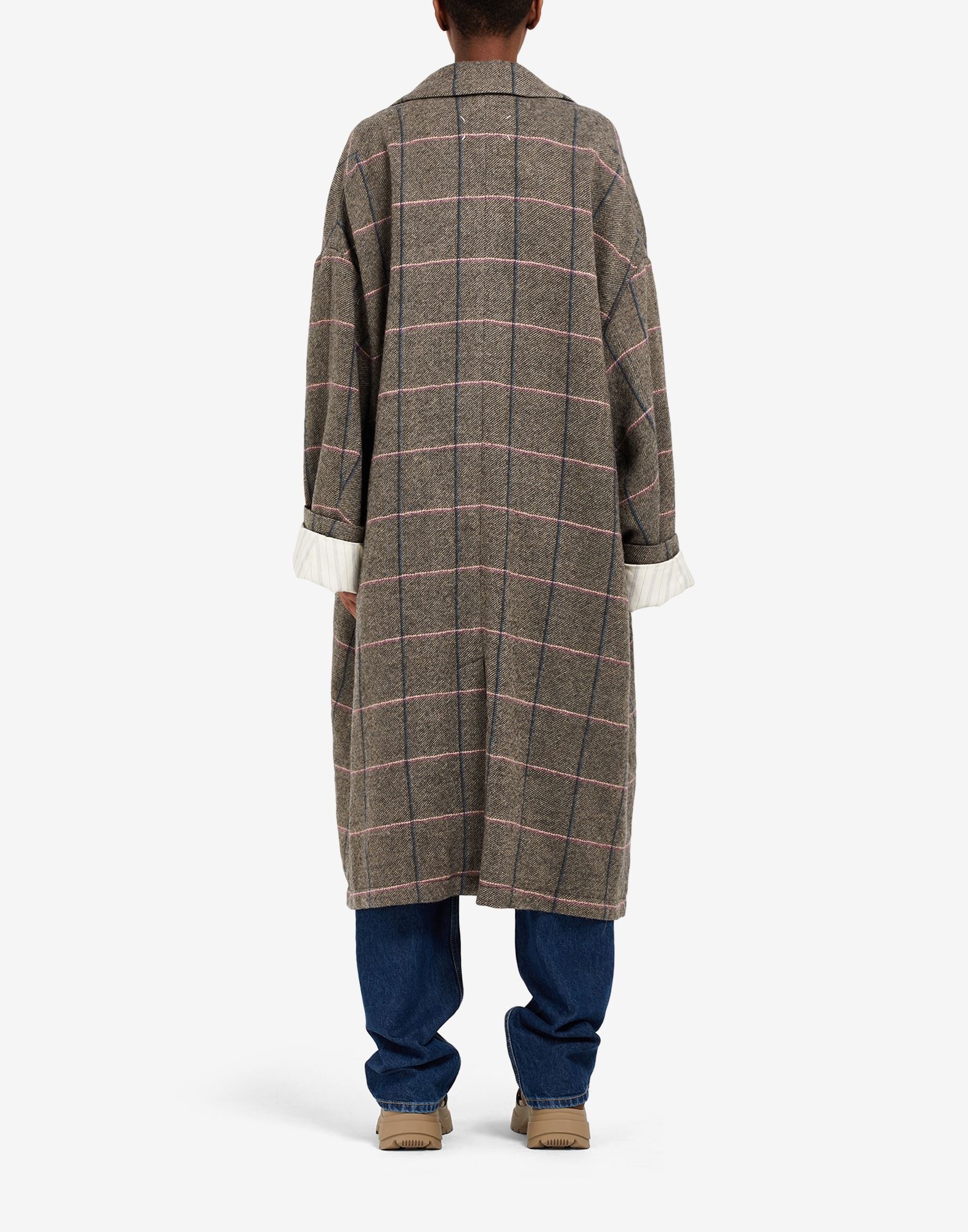 Check print wool long windowpane coat - 4