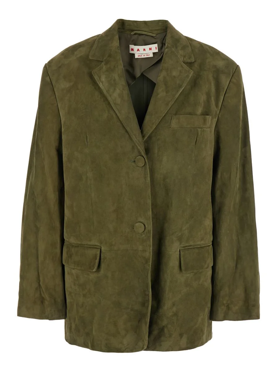 Marni Green Single-Breasted Jacket With Notched Revers And Logo Patch On The Rear In Suede Woman - 1