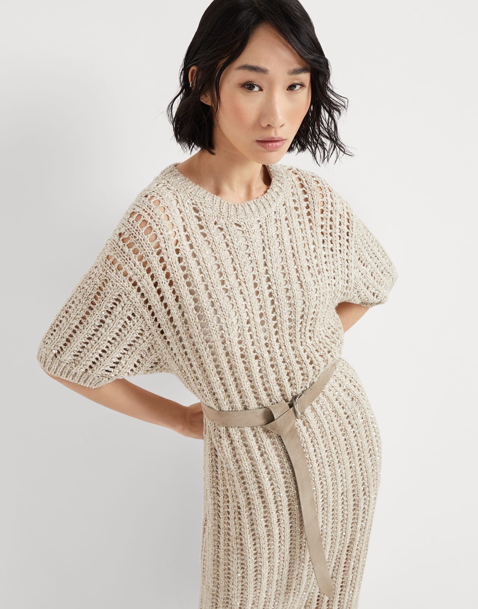 Dazzling silk and linen openwork rib knit dress with suede belt - 4